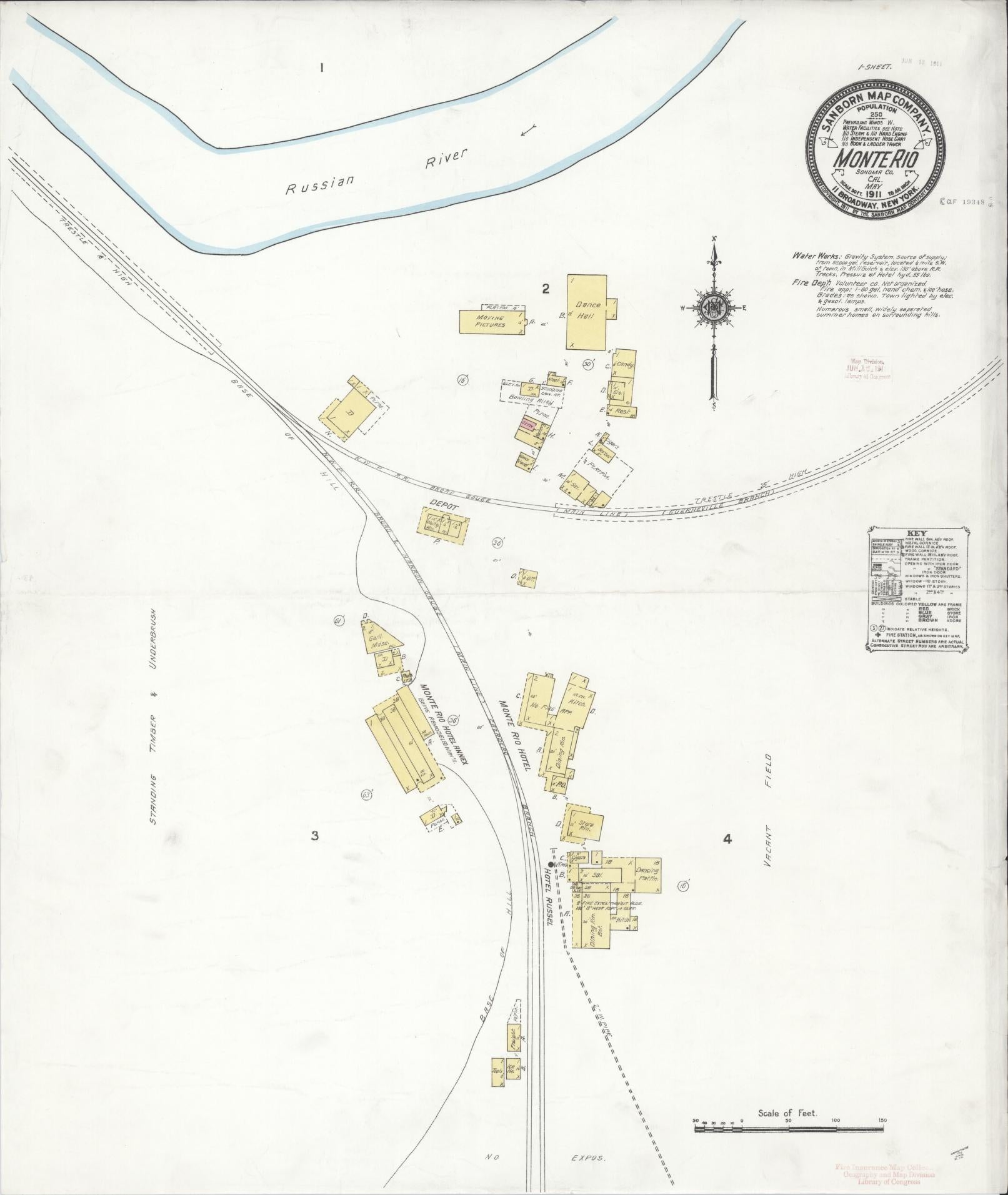 Sanborn Fire Insurance Map from Monte Rio, Sonoma County, California (1911), Sheet #0001 - Historic Sanborn Fire Insurance Map Print, vintage old map wall art, antique decor, genealogy gift, California California map