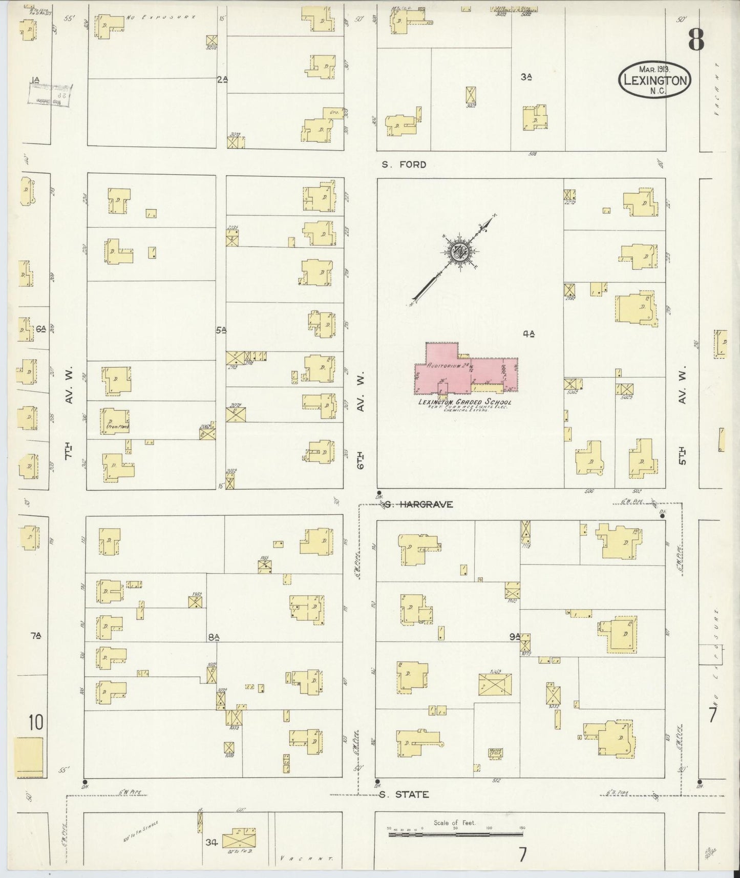 Sanborn Fire Insurance Map from Lexington, Davidson County, North Carolina (1913), Sheet #0008 - Complete Map Set gallery image, historic Sanborn map, vintage wall art, North Carolina North Carolina