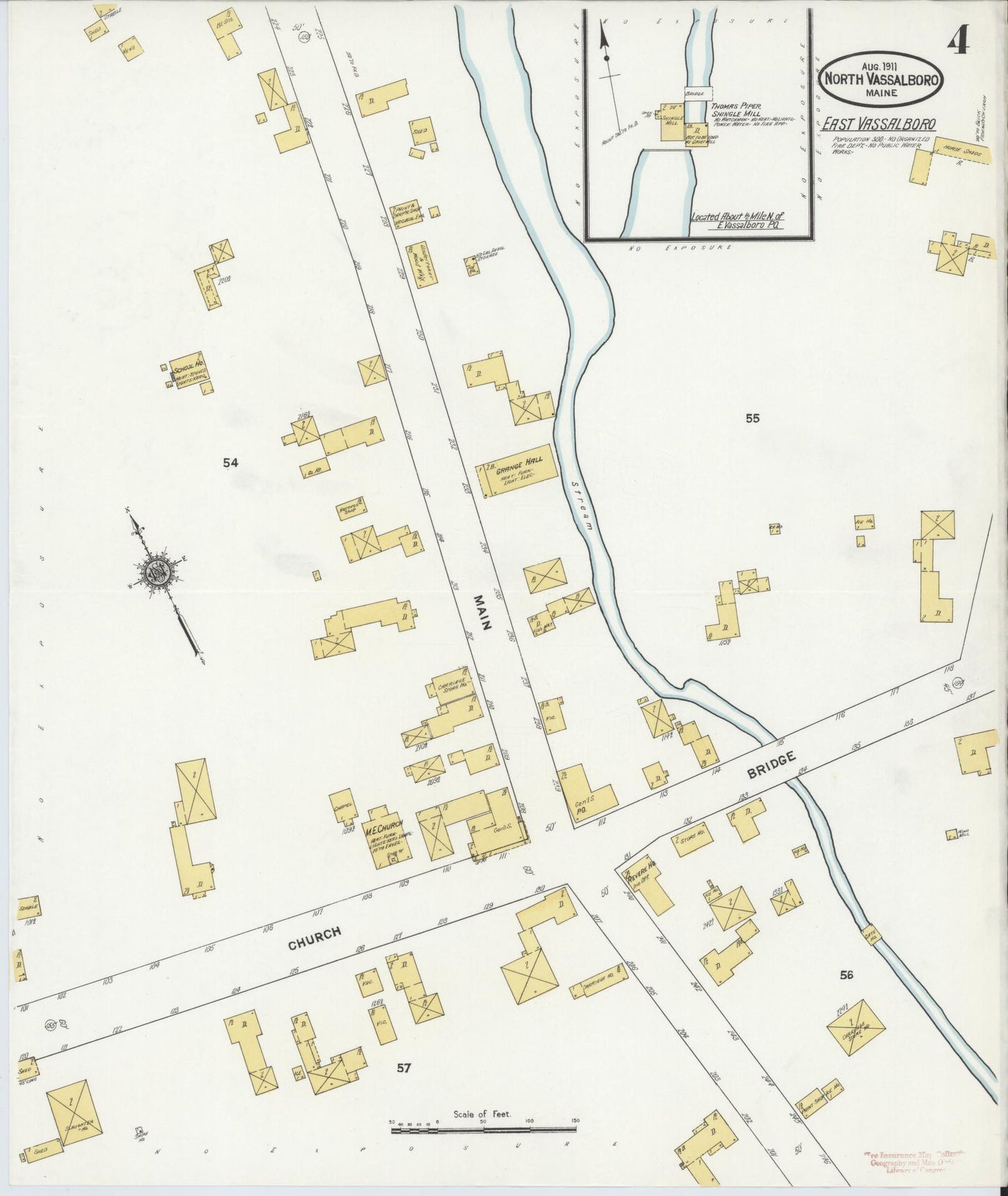Sanborn Fire Insurance Map from North Vassalboro, Kennebec County, Maine (1911), Sheet #0004 - Historic Sanborn Fire Insurance Map Print, vintage old map wall art, antique decor, genealogy gift, Maine Maine map
