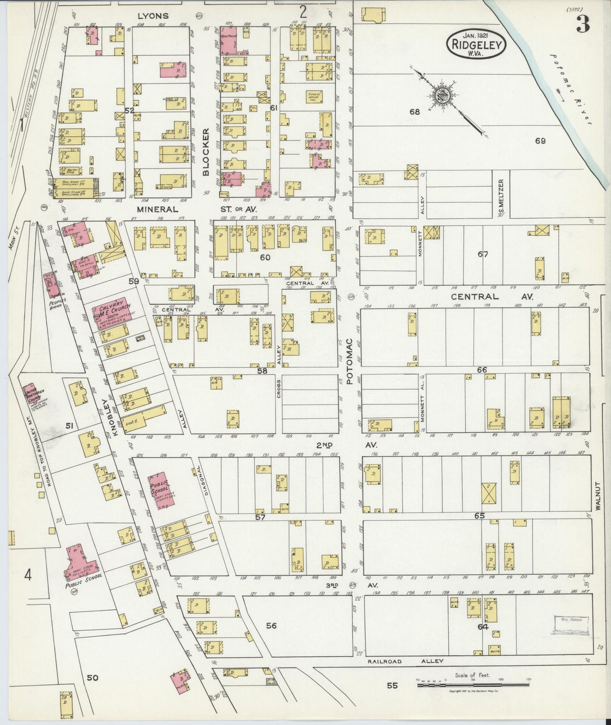 Sanborn Fire Insurance Map from Ridgeley, Mineral County, West Virginia (1921), Sheet #0003 - Complete Map Set gallery image, historic Sanborn map, vintage wall art, West Virginia West Virginia