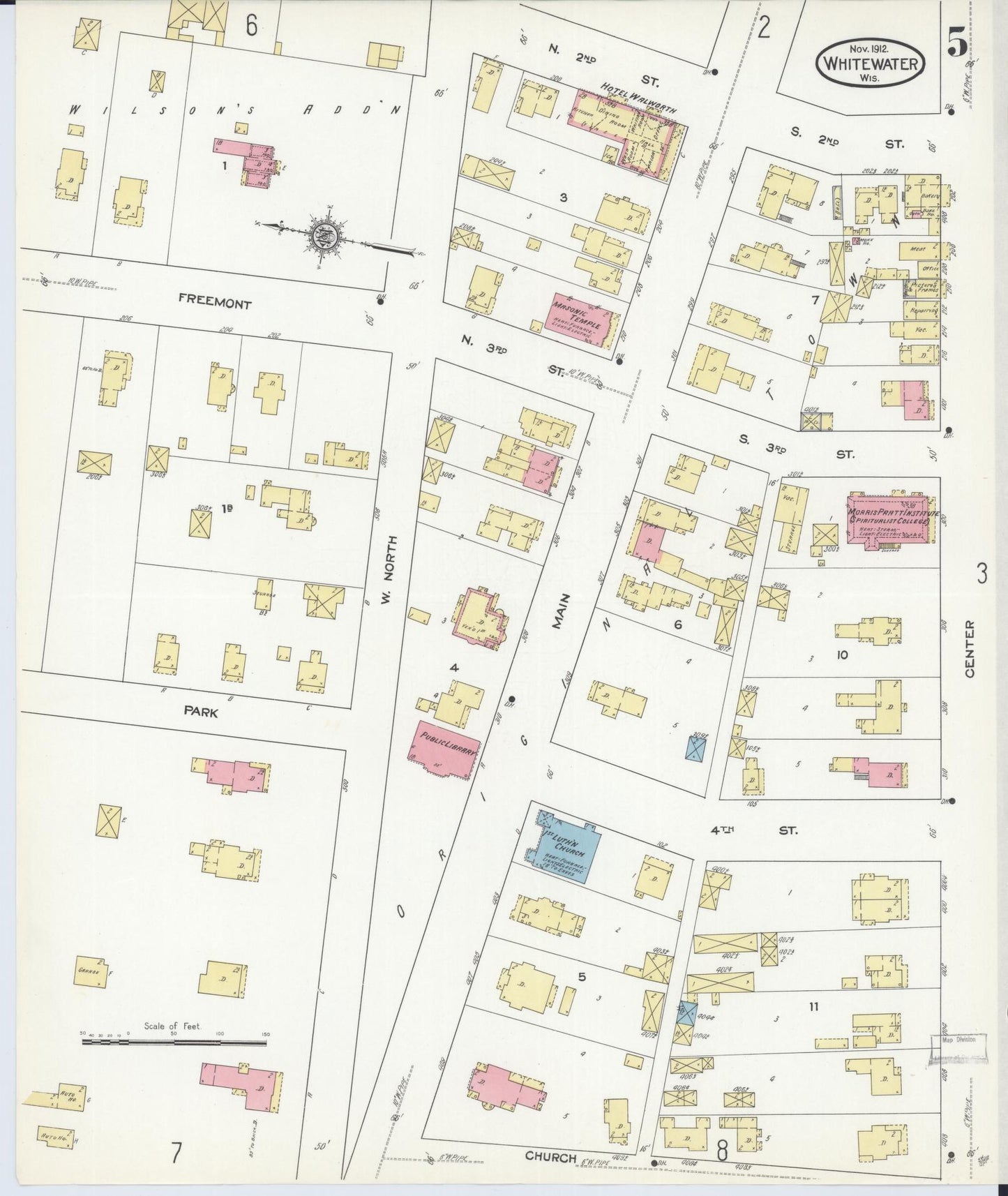 Sanborn Fire Insurance Map from Whitewater, Walworth County, Wisconsin (1912), Sheet #0005 - Complete Map Set gallery image, historic Sanborn map, vintage wall art, Wisconsin Wisconsin