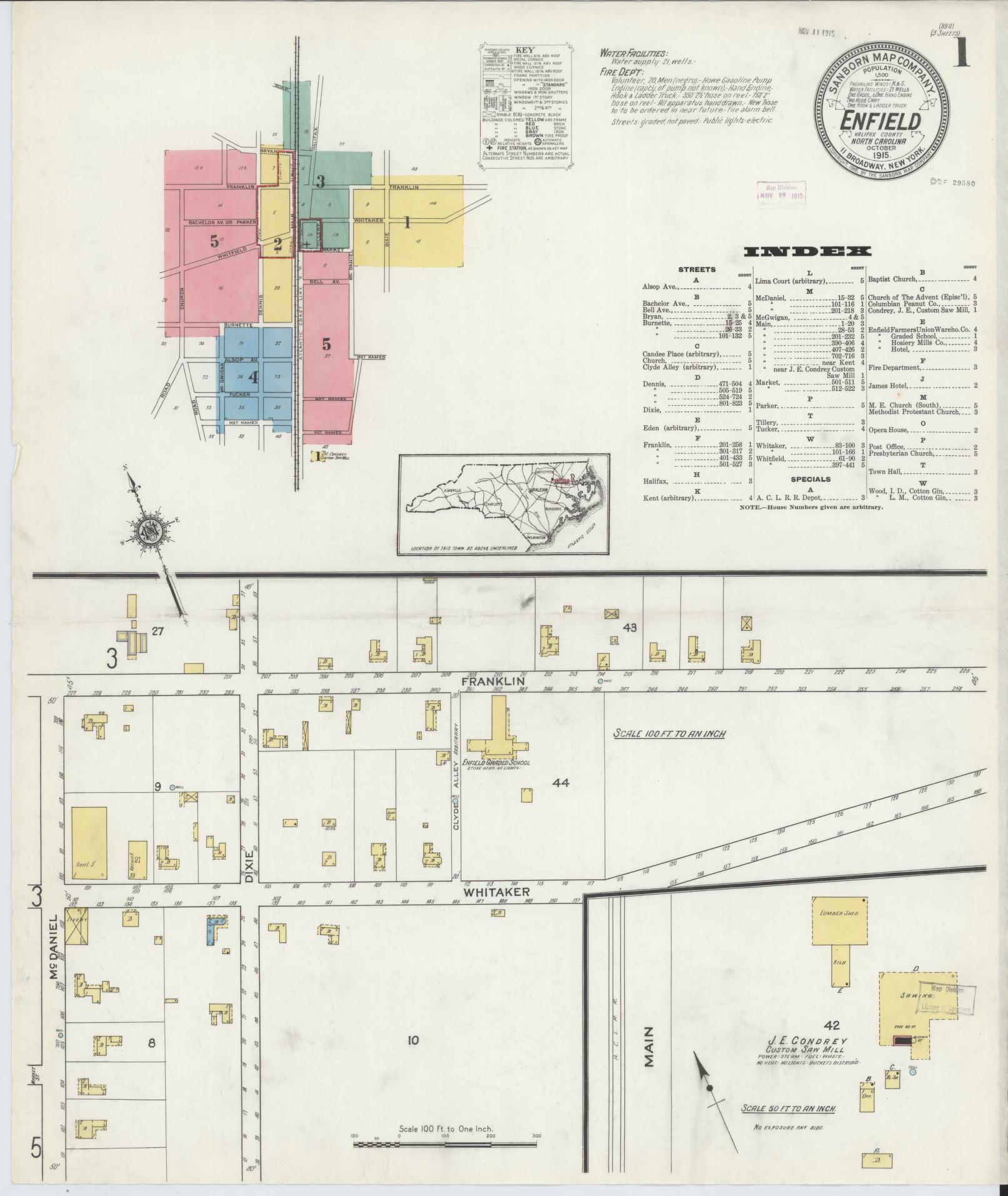 Sanborn Fire Insurance Map from Enfield, Halifax County, North Carolina (1915), Sheet #0001 - Historic Sanborn Fire Insurance Map Print, vintage old map wall art, antique decor, genealogy gift, North Carolina North Carolina map