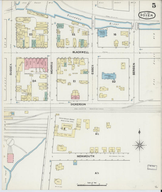 Sanborn Fire Insurance Map from Dover, Morris County, New Jersey (1890), Sheet #0005 - Historic Sanborn Fire Insurance Map Print, vintage old map wall art, antique decor, genealogy gift, New Jersey New Jersey map
