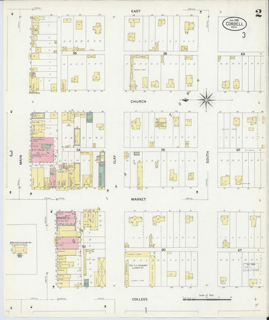 Sanborn Fire Insurance Map from Cordell, Washita County, Oklahoma (1909), Sheet #0002 - Historic Sanborn Fire Insurance Map Print, vintage old map wall art, antique decor, genealogy gift, Oklahoma Oklahoma map