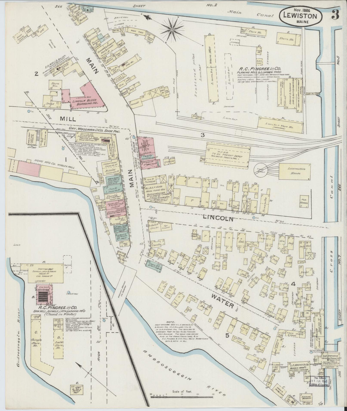 Sanborn Fire Insurance Map from Lewiston, Androscoggin County, Maine (1886), Sheet #0003 - Complete Map Set gallery image, historic Sanborn map, vintage wall art, Maine Maine