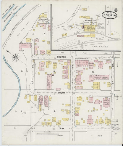 Sanborn Fire Insurance Map from Lynchburg, Independent Cities, Virginia (1890), Sheet #0006 - Historic Sanborn Fire Insurance Map Print, vintage old map wall art, antique decor, genealogy gift, Virginia Virginia map