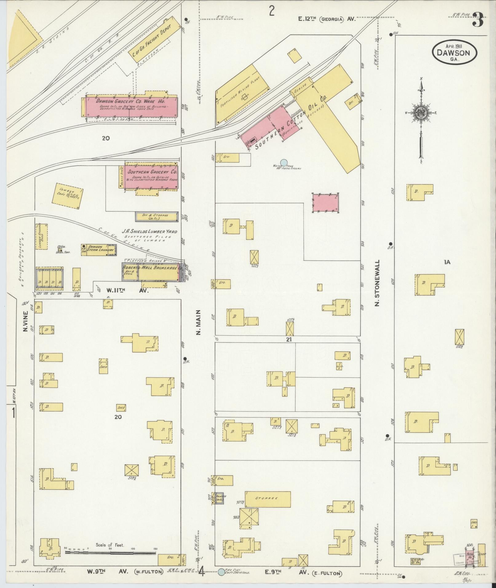 Sanborn Fire Insurance Map from Dawson, Terrell County, Georgia (1911), Sheet #0003 - Complete Map Set gallery image, historic Sanborn map, vintage wall art, Georgia Georgia