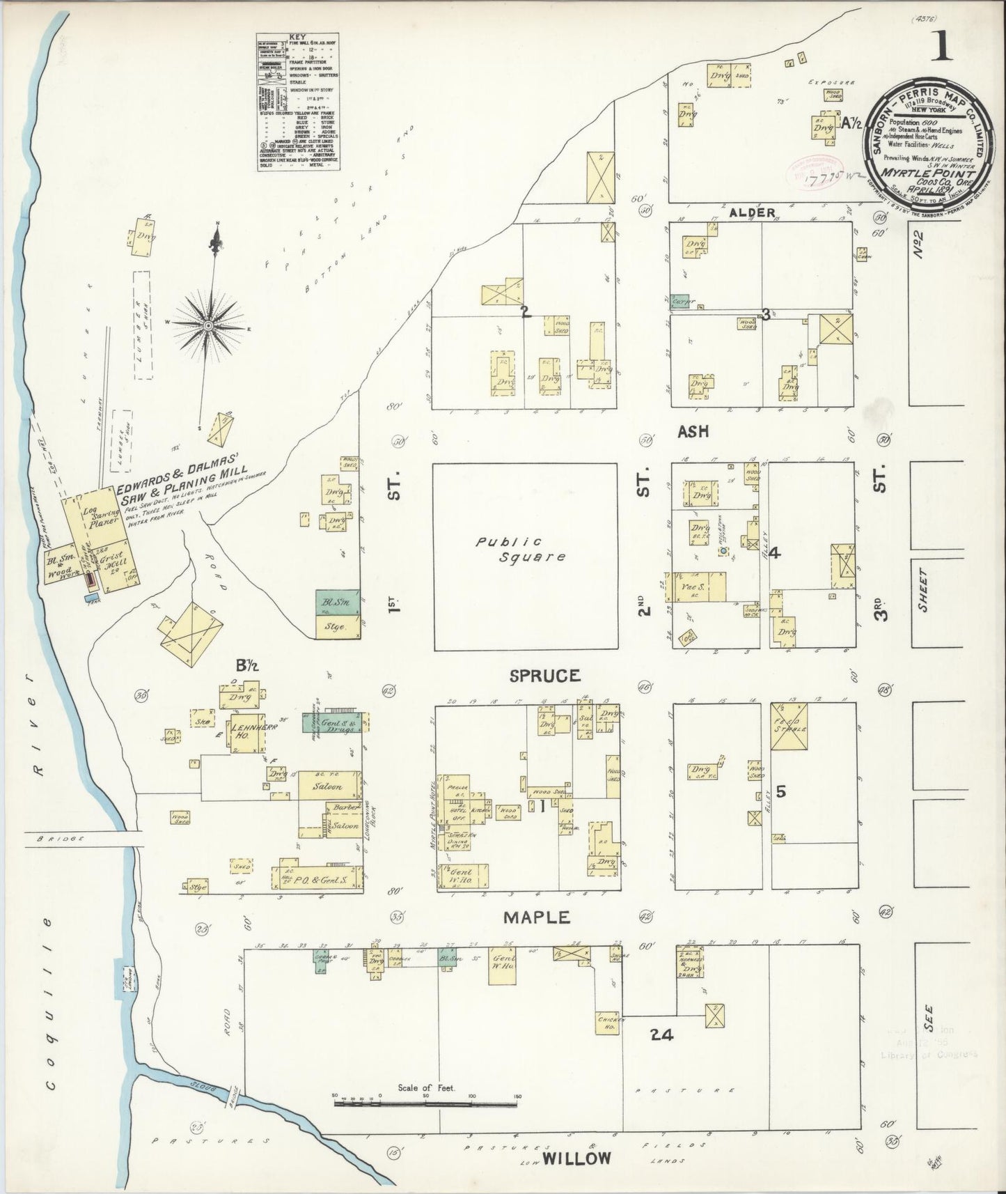 Sanborn Fire Insurance Map from Myrtle Point, Coos County, Oregon (1891), Sheet #0001 - Historic Sanborn Fire Insurance Map Print, vintage old map wall art, antique decor, genealogy gift, Oregon Oregon map