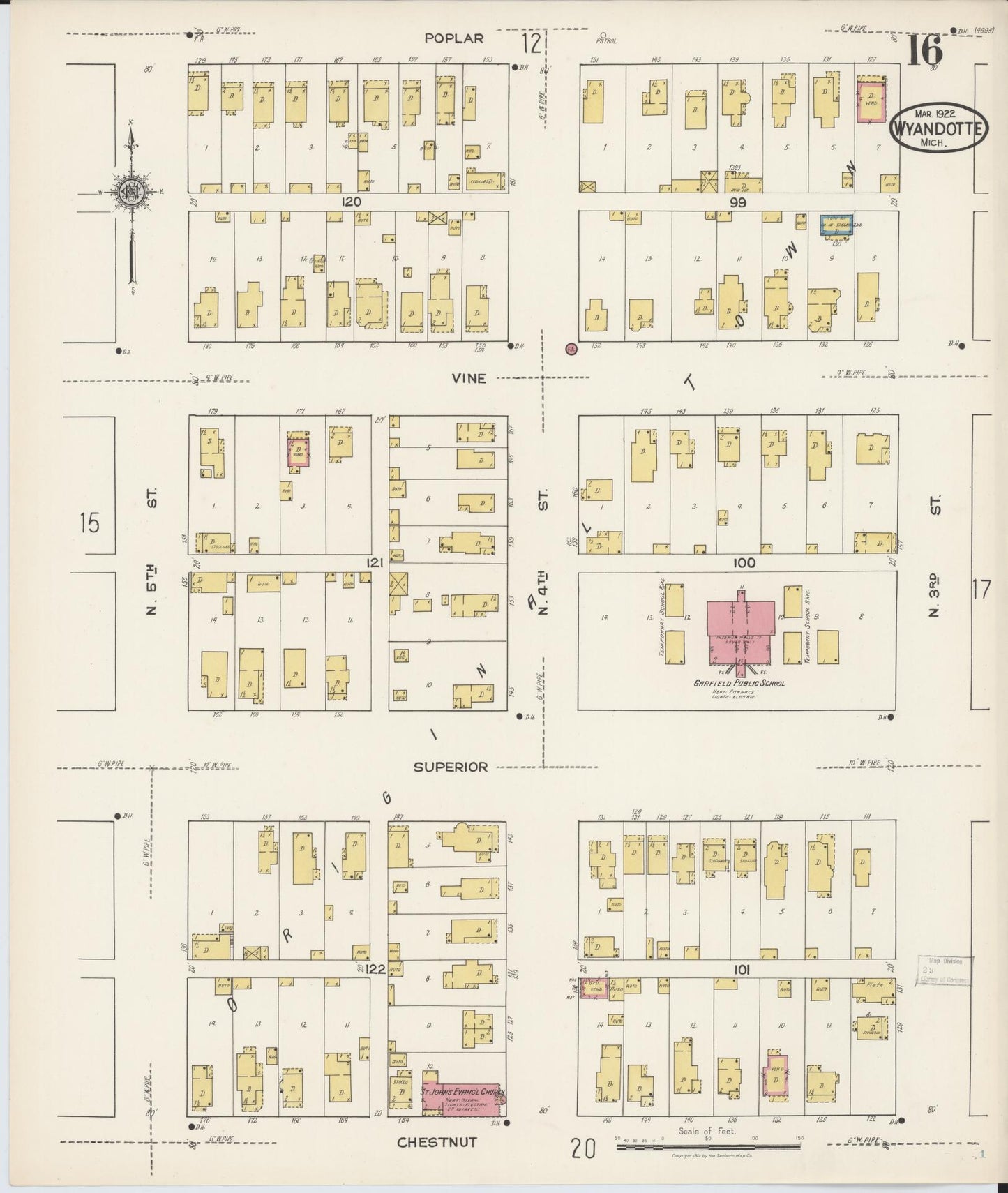 Sanborn Fire Insurance Map from Wyandotte, Wayne County, Michigan (1922), Sheet #0016 - Historic Sanborn Fire Insurance Map Print, vintage old map wall art, antique decor, genealogy gift, Michigan Michigan map