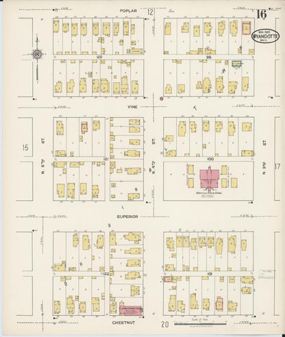 Sanborn Fire Insurance Map from Wyandotte, Wayne County, Michigan (1922), Sheet #0016 - Historic Sanborn Fire Insurance Map Print, vintage old map wall art, antique decor, genealogy gift, Michigan Michigan map