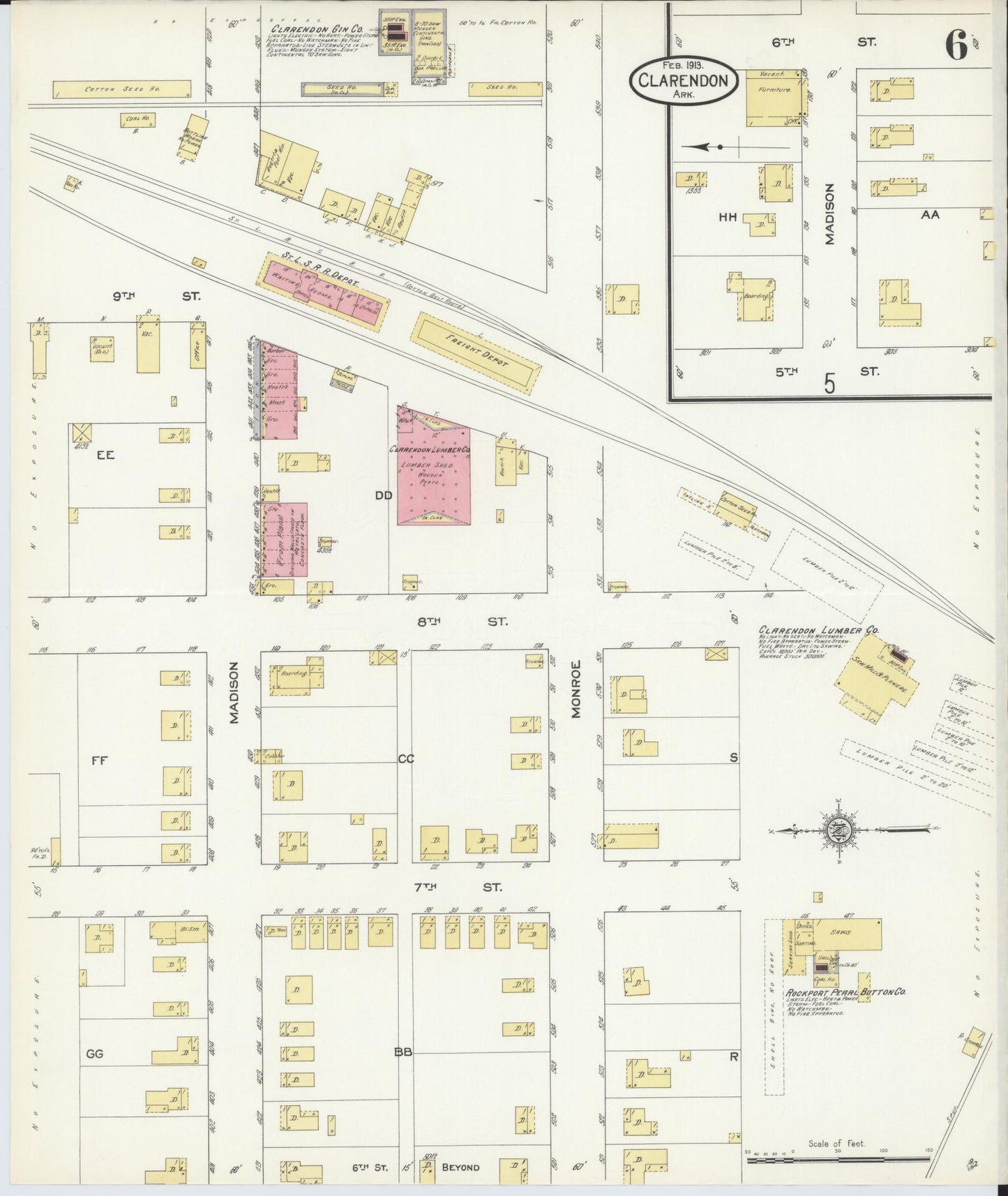 Sanborn Fire Insurance Map from Clarendon, Monroe County, Arkansas (1913), Sheet #0006 - Complete Map Set gallery image, historic Sanborn map, vintage wall art, Arkansas Arkansas