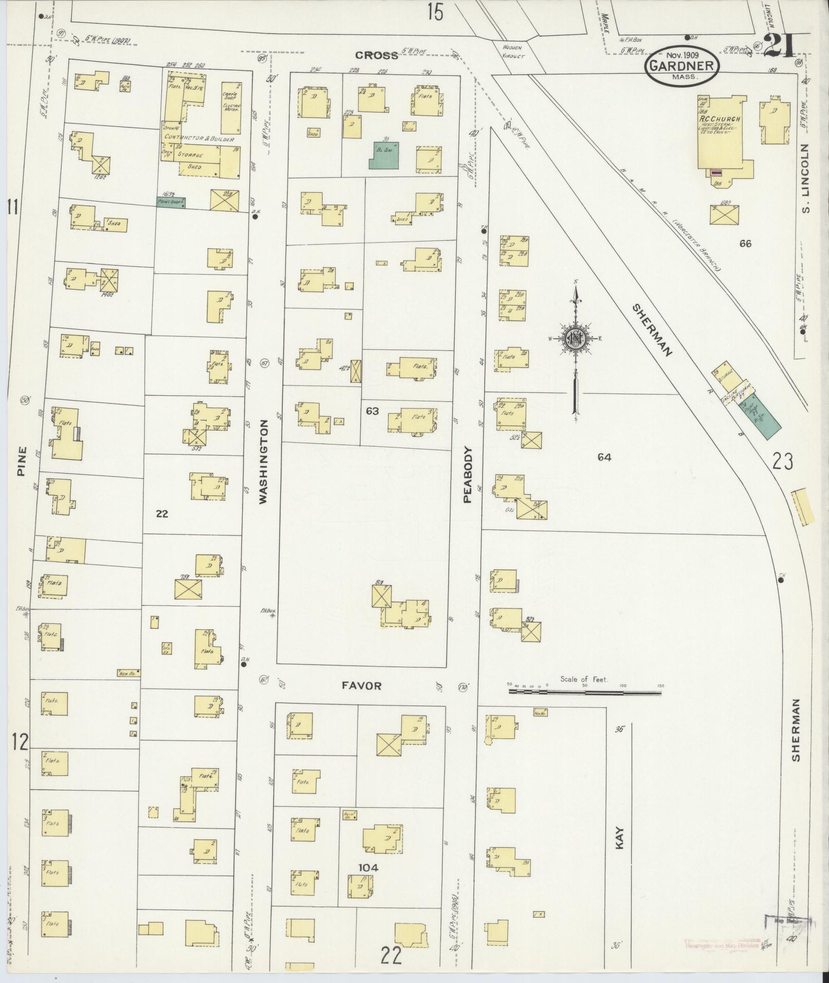 Sanborn Fire Insurance Map from Gardner, Worcester County, Massachusetts (1909), Sheet #0021 - Historic Sanborn Fire Insurance Map Print, vintage old map wall art, antique decor, genealogy gift, Massachusetts Massachusetts map