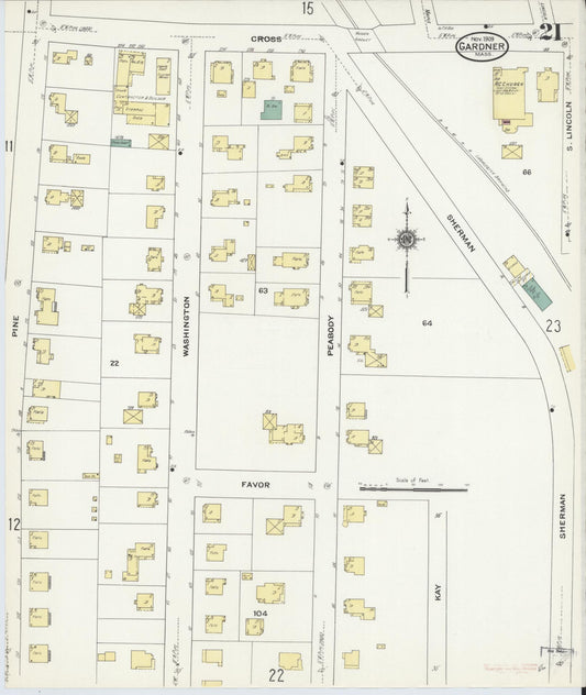 Sanborn Fire Insurance Map from Gardner, Worcester County, Massachusetts (1909), Sheet #0021 - Historic Sanborn Fire Insurance Map Print, vintage old map wall art, antique decor, genealogy gift, Massachusetts Massachusetts map
