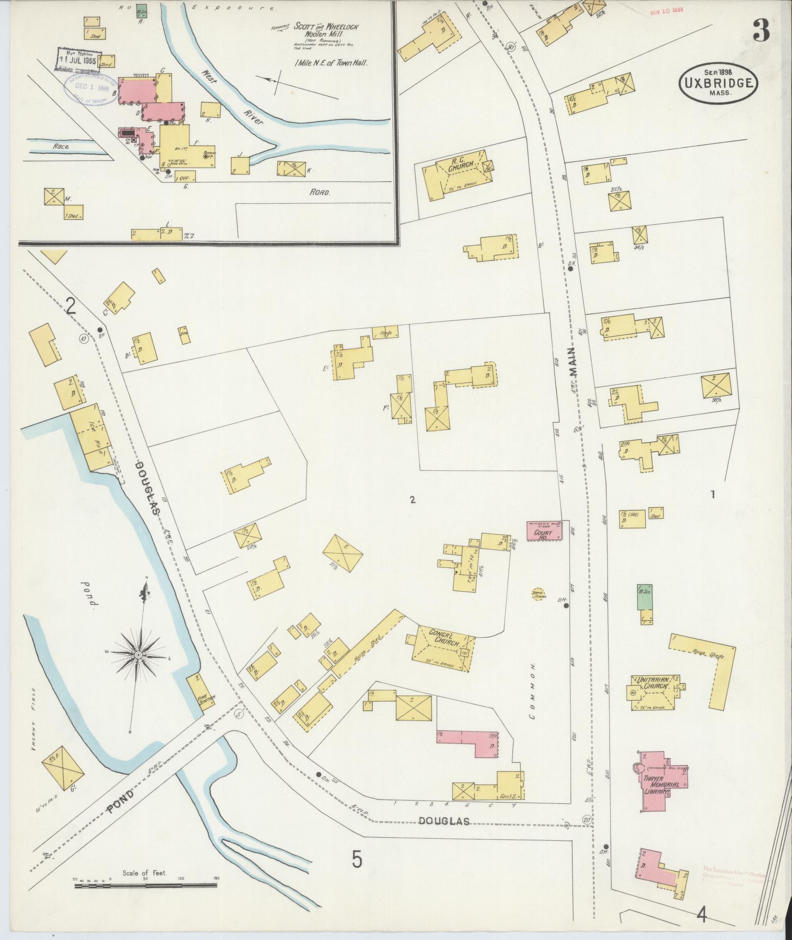 Sanborn Fire Insurance Map from Uxbridge, Worcester County, Massachusetts (1898), Sheet #0003 - Complete Map Set gallery image, historic Sanborn map, vintage wall art, Massachusetts Massachusetts