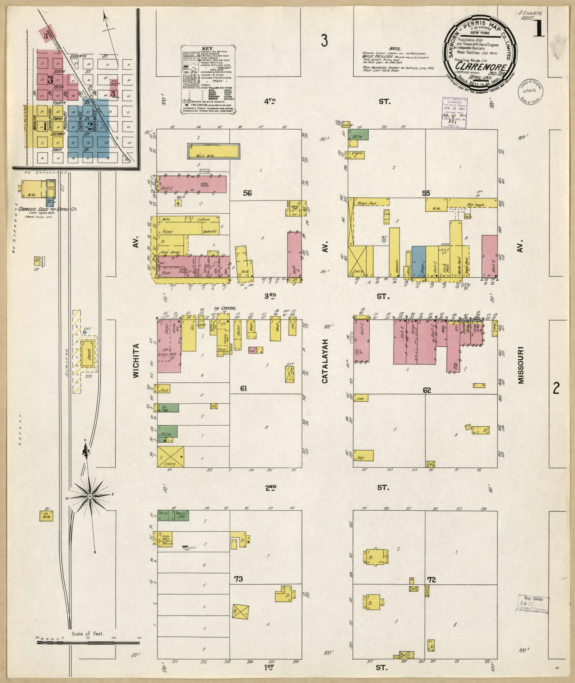Sanborn Fire Insurance Map from Claremore, Rogers County, Oklahoma (1901), Sheet #0001 - Historic Sanborn Fire Insurance Map Print, vintage old map wall art, antique decor, genealogy gift, Oklahoma Oklahoma map