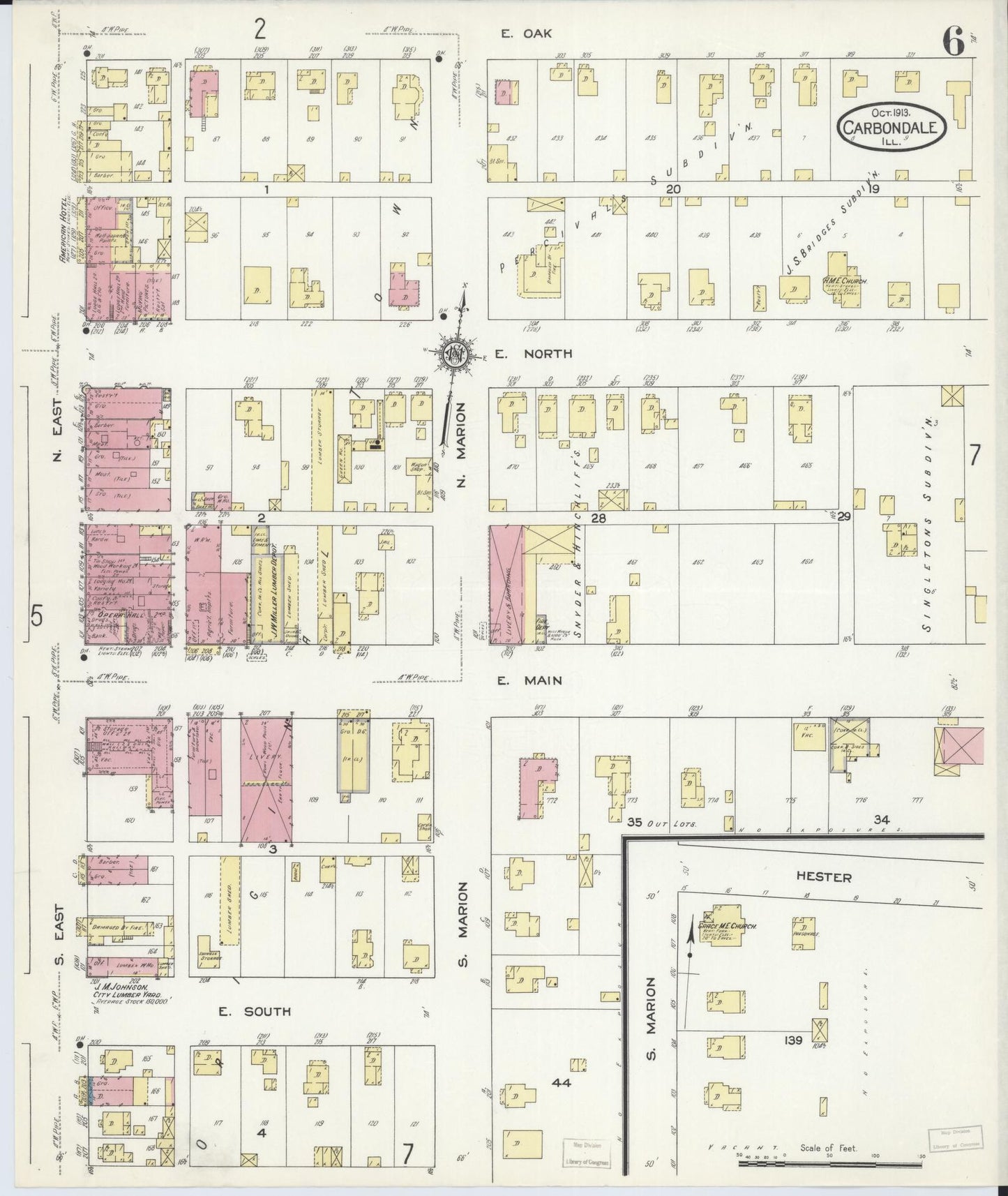 Sanborn Fire Insurance Map from Carbondale, Jackson County, Illinois (1913), Sheet #0006 - Complete Map Set gallery image, historic Sanborn map, vintage wall art, Illinois Illinois