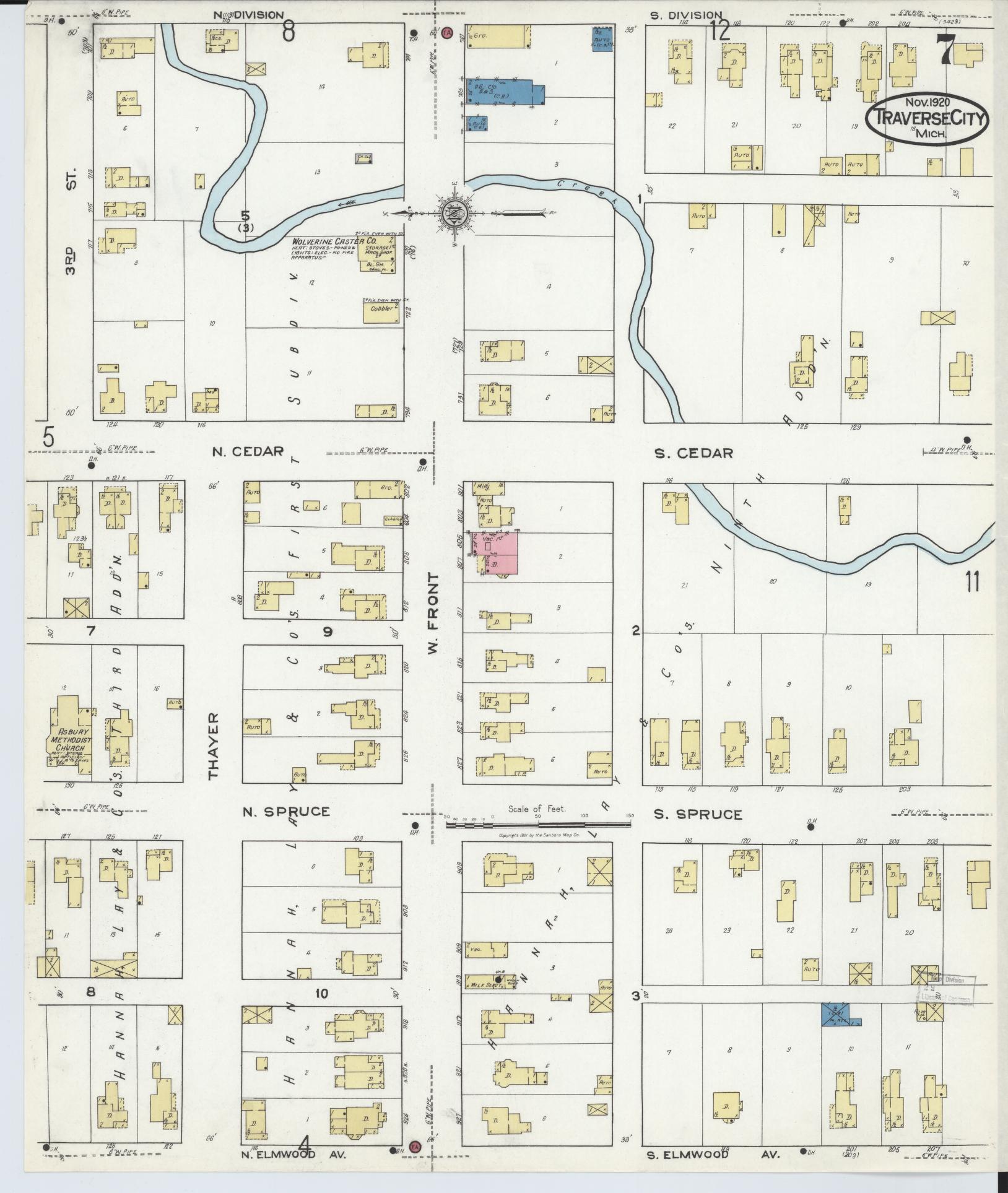 Sanborn Fire Insurance Map from Traverse City, Grand Traverse County, Michigan (1920), Sheet #0007 - Historic Sanborn Fire Insurance Map Print, vintage old map wall art, antique decor, genealogy gift, Michigan Michigan map