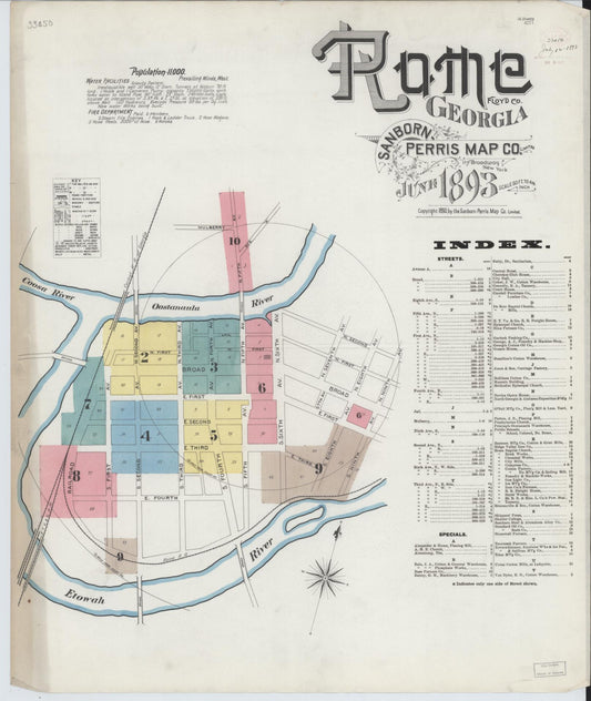 Sanborn Fire Insurance Map from Rome, Floyd County, Georgia (1893), Sheet #0001 - Historic Sanborn Fire Insurance Map Print, vintage old map wall art, antique decor, genealogy gift, Georgia Georgia map