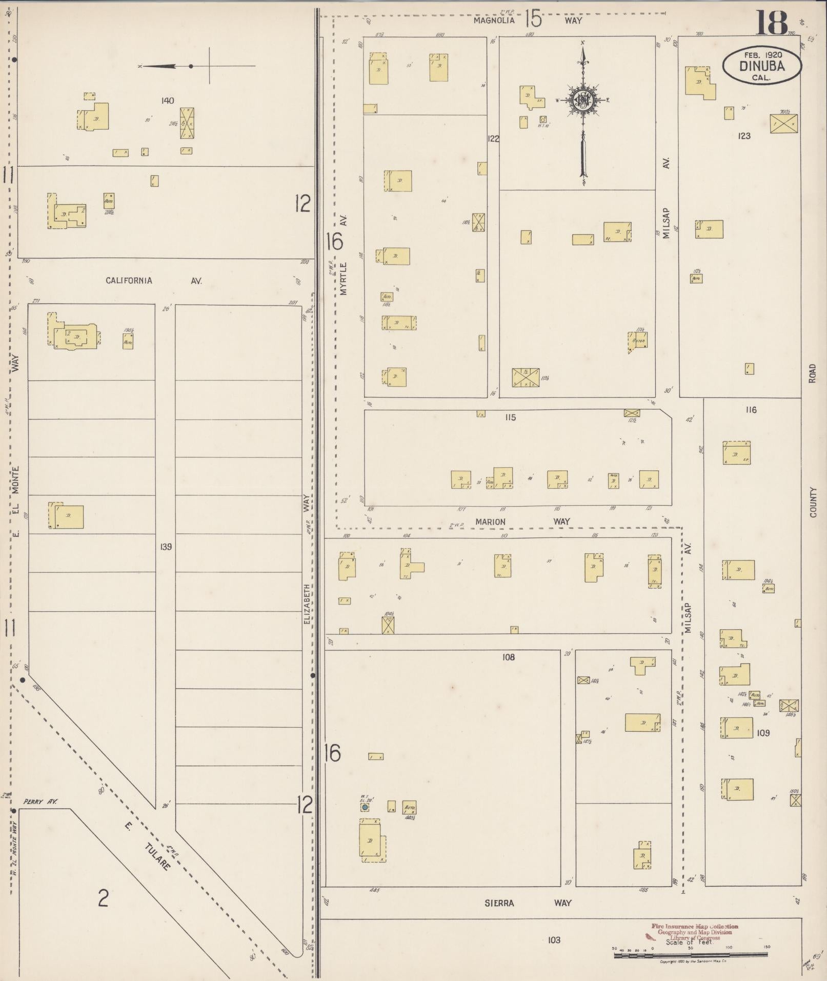 Sanborn Fire Insurance Map from Dinuba, Tulare County, California (1920), Sheet #0018 - Complete Map Set gallery image, historic Sanborn map, vintage wall art, California California