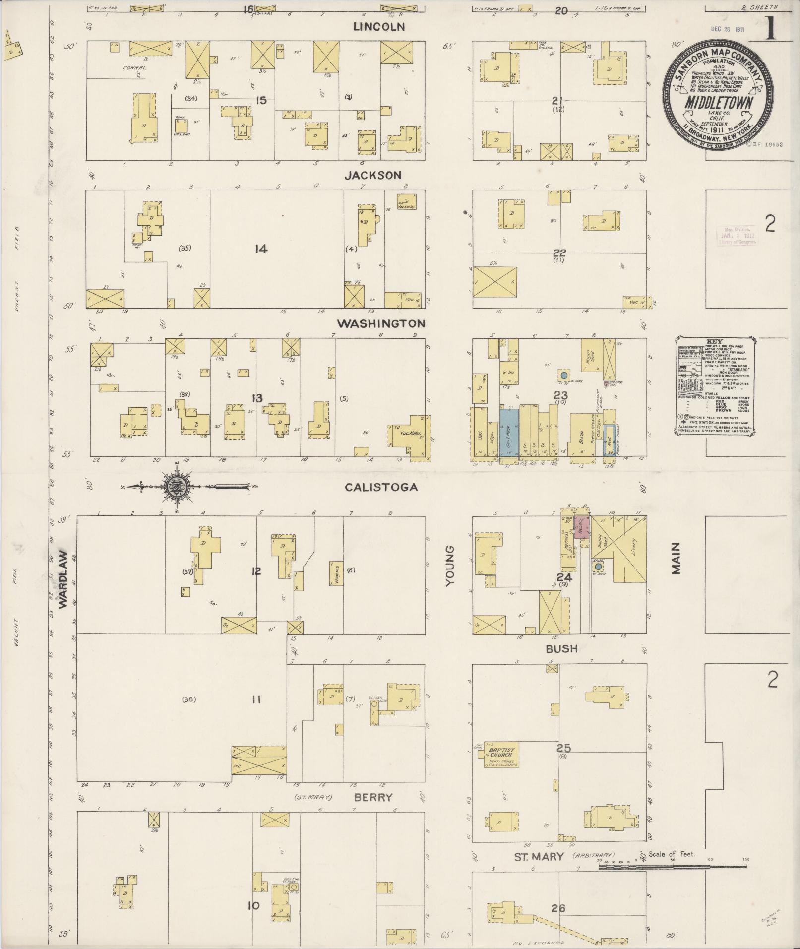 Sanborn Fire Insurance Map from Middletown, Lake County, California (1911), Sheet #0001 - Historic Sanborn Fire Insurance Map Print, vintage old map wall art, antique decor, genealogy gift, California California map