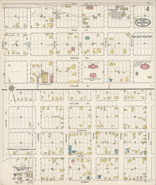 Sanborn Fire Insurance Map from San Diego, Duval And Jim Wells Counties, Texas (1922), Sheet #0004 - Historic Sanborn Fire Insurance Map Print, vintage old map wall art, antique decor, genealogy gift, Texas Texas map