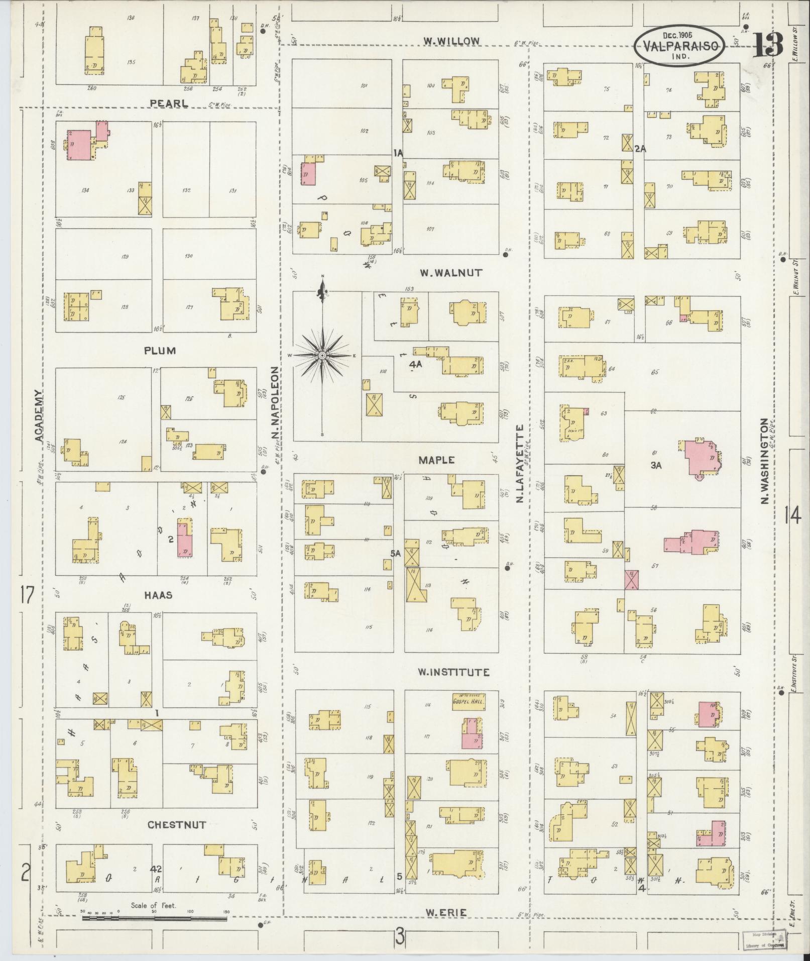Sanborn Fire Insurance Map from Valparaiso, Porter County, Indiana (1905), Sheet #0013 - Historic Sanborn Fire Insurance Map Print, vintage old map wall art, antique decor, genealogy gift, Indiana Indiana map