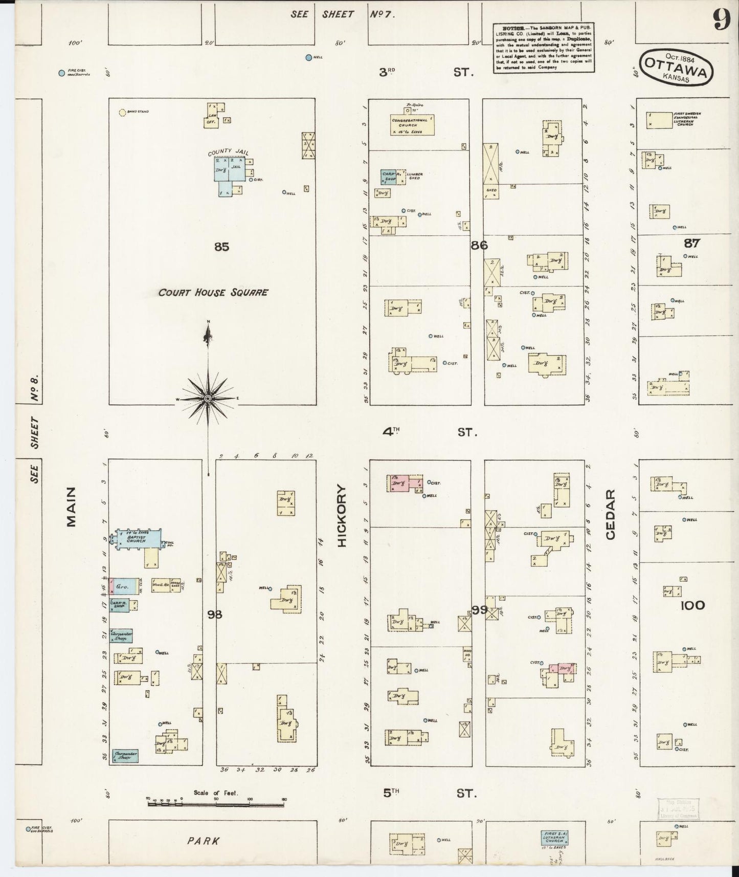 Sanborn Fire Insurance Map from Ottawa, Franklin County, Kansas (1884), Sheet #0009 - Historic Sanborn Fire Insurance Map Print, vintage old map wall art, antique decor, genealogy gift, Kansas Kansas map
