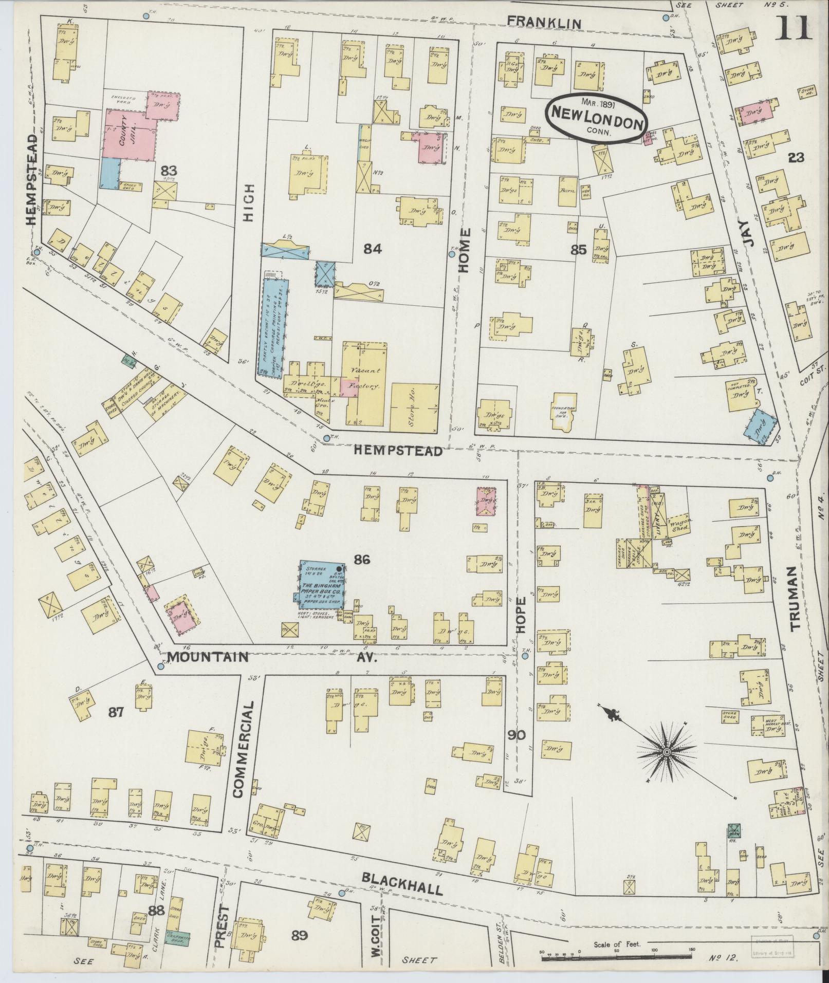 Sanborn Fire Insurance Map from New London, New London County, Connecticut (1891), Sheet #0011 - Complete Map Set gallery image, historic Sanborn map, vintage wall art, Connecticut Connecticut