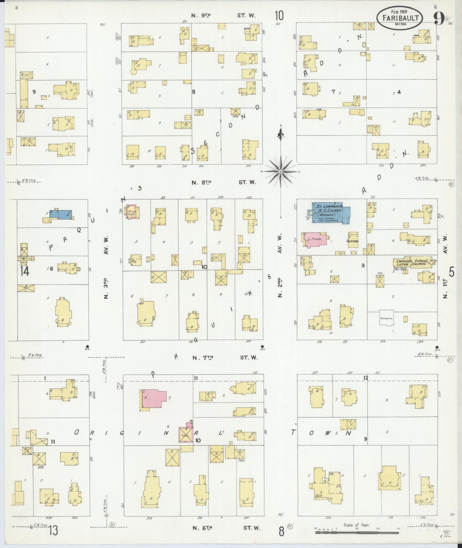 Sanborn Fire Insurance Map from Faribault, Rice County, Minnesota (1909), Sheet #0009 - Complete Map Set gallery image, historic Sanborn map, vintage wall art, Minnesota Minnesota