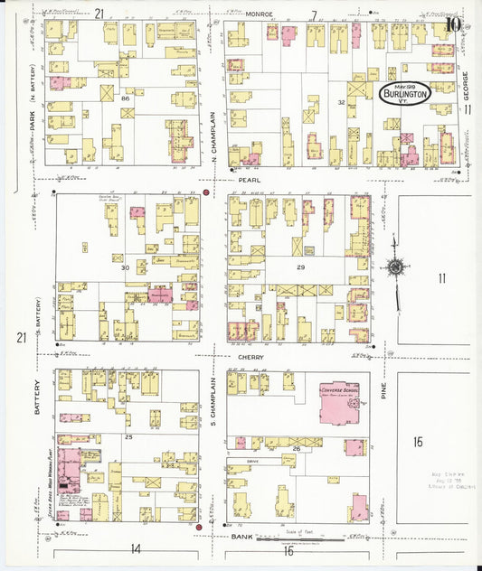 Sanborn Fire Insurance Map from Burlington, Chittenden County, Vermont (1919), Sheet #0010 - Historic Sanborn Fire Insurance Map Print, vintage old map wall art, antique decor, genealogy gift, Vermont Vermont map