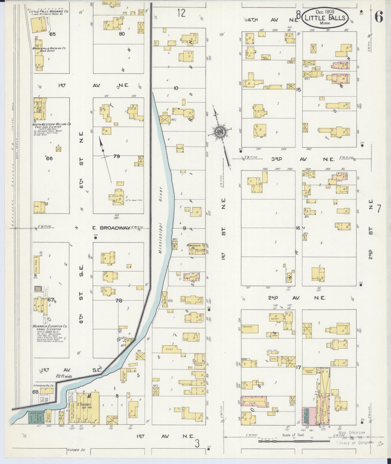 Sanborn Fire Insurance Map from Little Falls, Morrison County, Minnesota (1909), Sheet #0006 - Historic Sanborn Fire Insurance Map Print, vintage old map wall art, antique decor, genealogy gift, Minnesota Minnesota map
