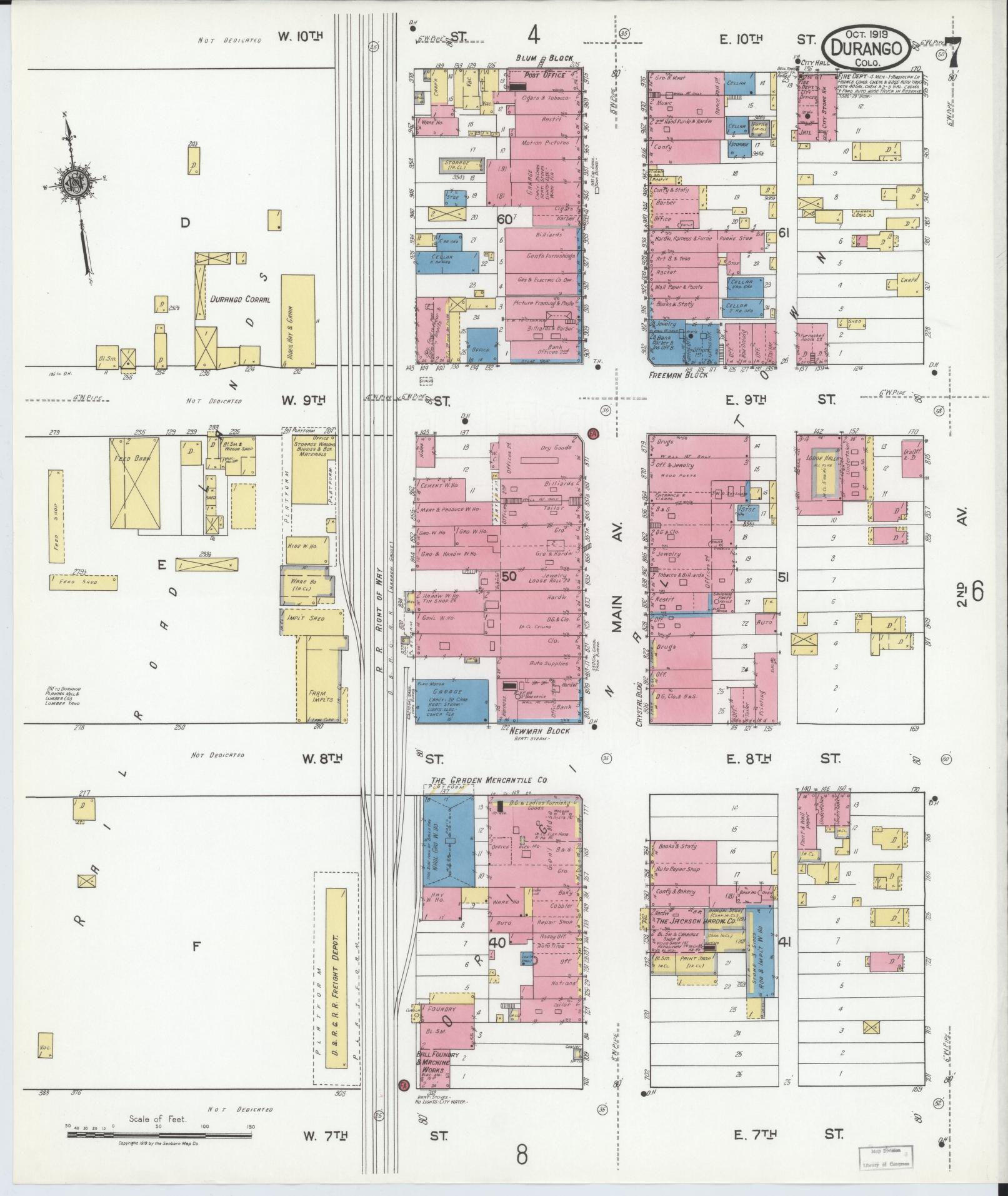 Sanborn Fire Insurance Map from Durango, La Plata County, Colorado (1919), Sheet #0007 - Historic Sanborn Fire Insurance Map Print, vintage old map wall art, antique decor, genealogy gift, Colorado Colorado map