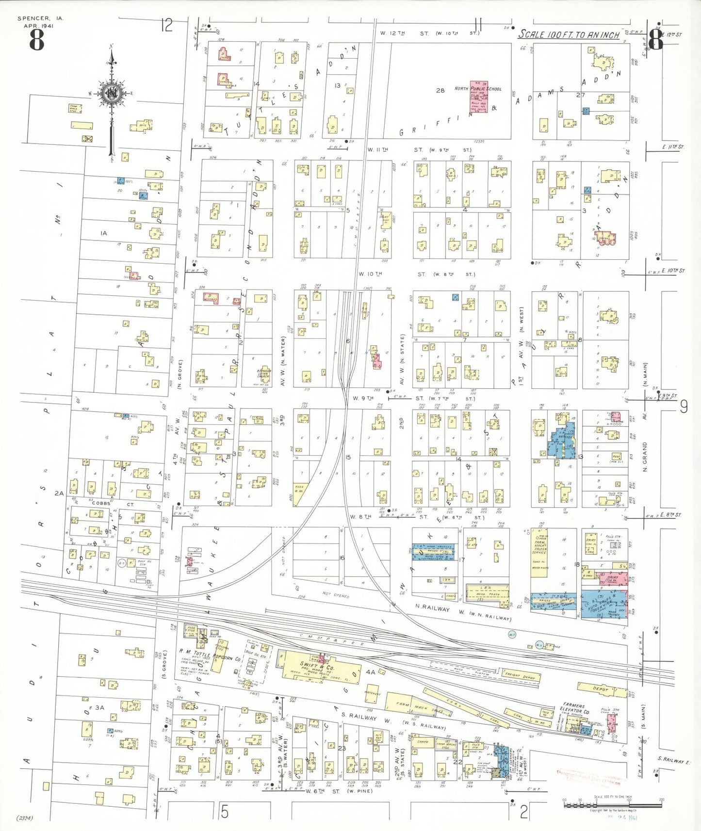 Sanborn Fire Insurance Map from Spencer, Clay County, Iowa (1941), Sheet #0008 - Historic Sanborn Fire Insurance Map Print, vintage old map wall art