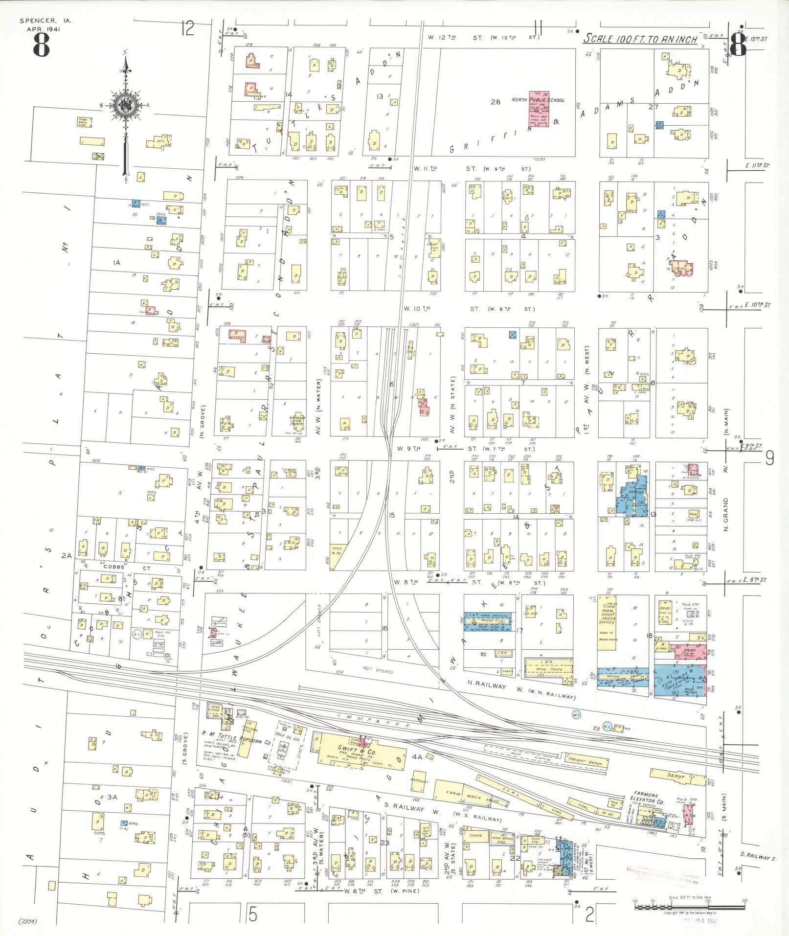 Sanborn Fire Insurance Map from Spencer, Clay County, Iowa (1941), Sheet #0008 - Historic Sanborn Fire Insurance Map Print, vintage old map wall art