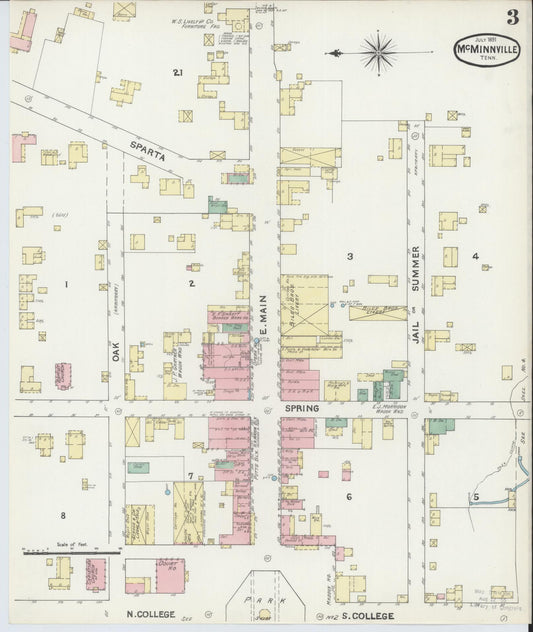 Sanborn Fire Insurance Map from McMinnville, Warren County, Tennessee (1891), Sheet #0003 - Historic Sanborn Fire Insurance Map Print, vintage old map wall art, antique decor, genealogy gift, Tennessee Tennessee map