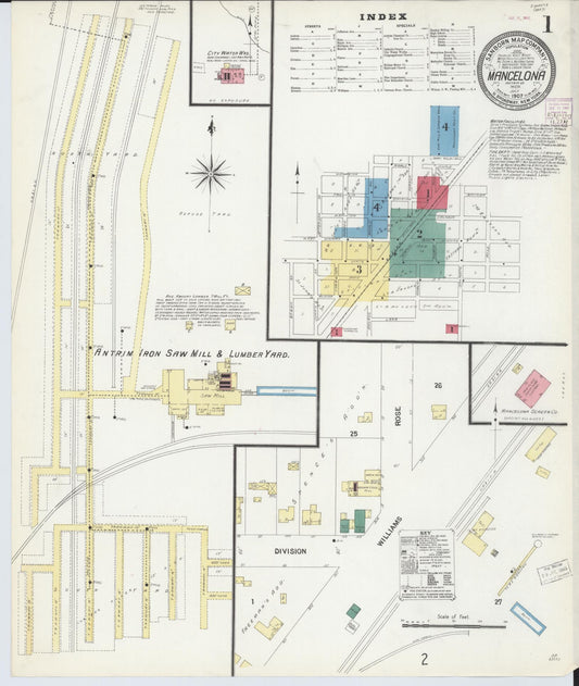 Sanborn Fire Insurance Map from Mancelona, Antrim County, Michigan (1907), Sheet #0001 - Historic Sanborn Fire Insurance Map Print, vintage old map wall art, antique decor, genealogy gift, Michigan Michigan map