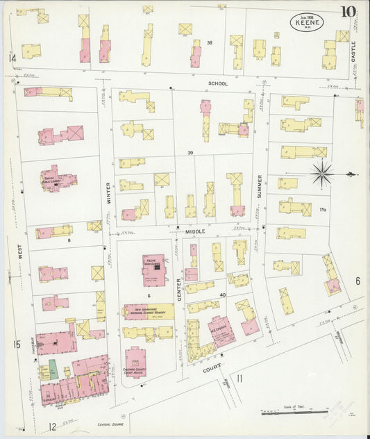 Sanborn Fire Insurance Map from Keene, Cheshire County, New Hampshire (1908), Sheet #0010 - Historic Sanborn Fire Insurance Map Print, vintage old map wall art, antique decor, genealogy gift, New Hampshire New Hampshire map