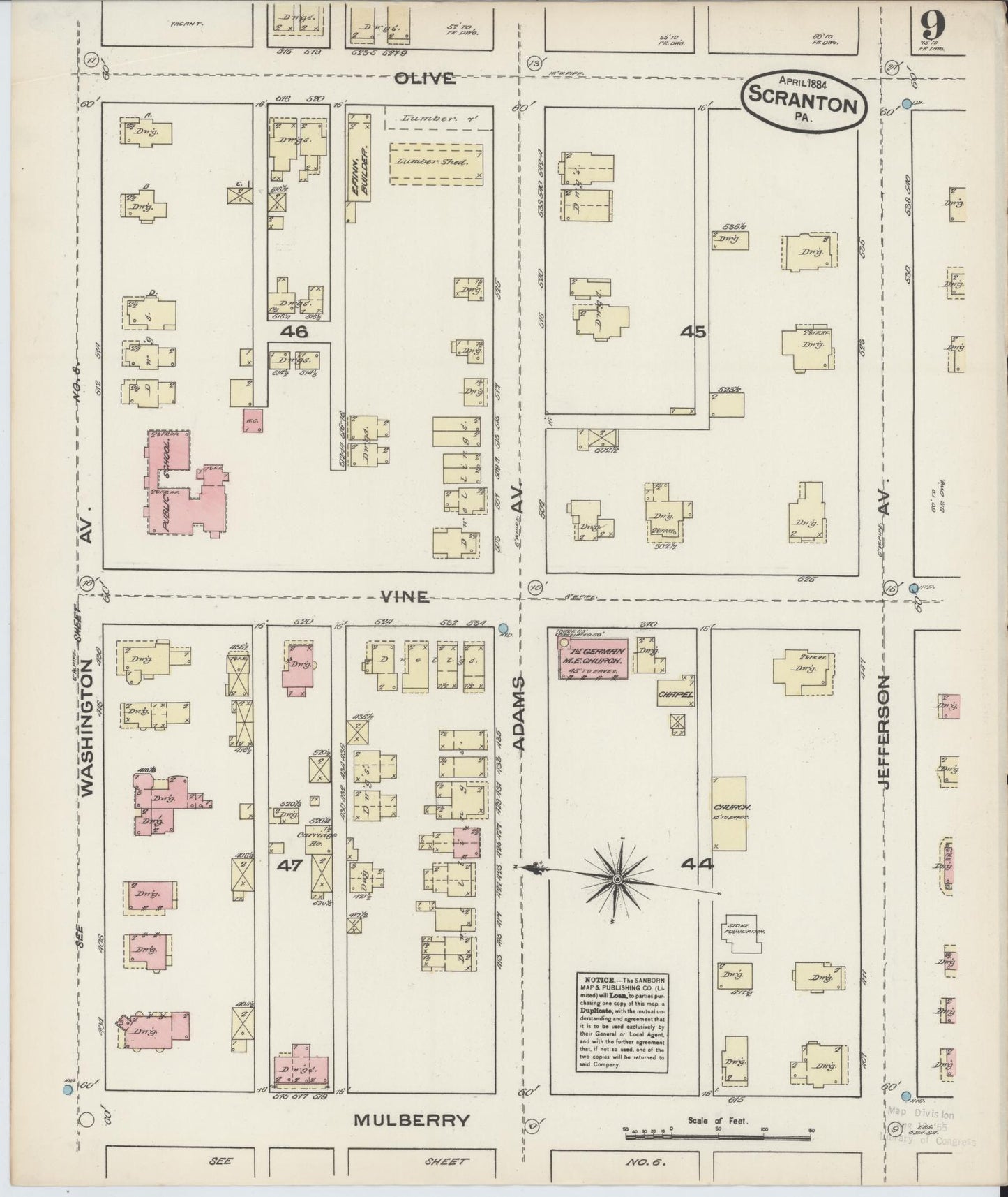 Sanborn Fire Insurance Map from Scranton, Lackawanna County, Pennsylvania (1884), Sheet #0009 - Historic Sanborn Fire Insurance Map Print, vintage old map wall art, antique decor, genealogy gift, Pennsylvania Pennsylvania map