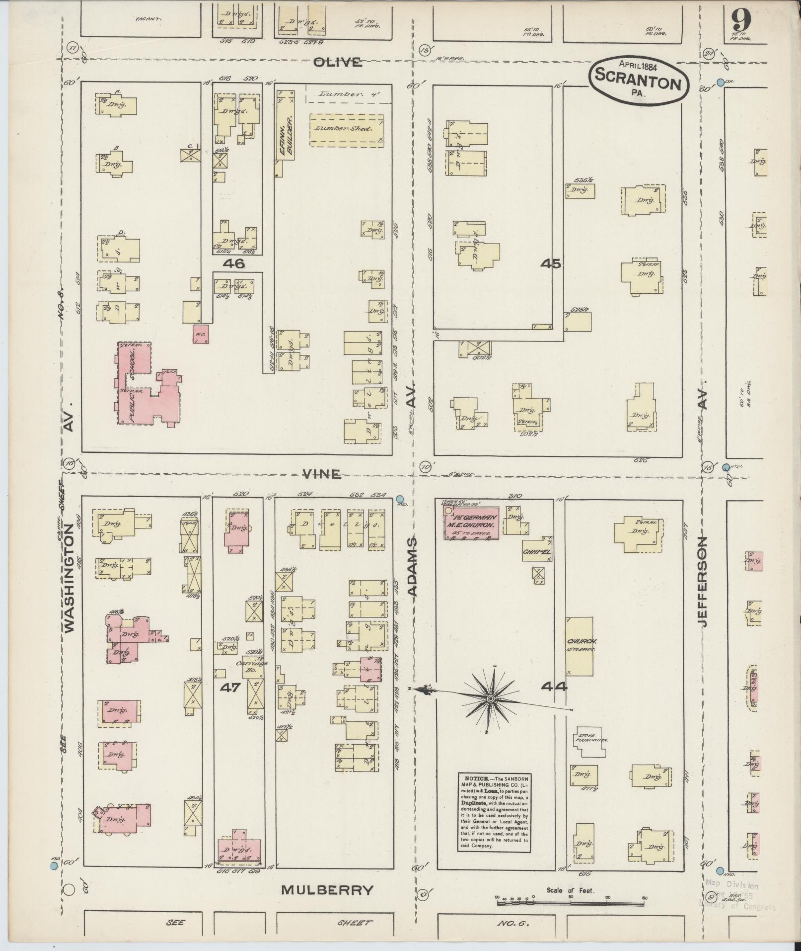 Sanborn Fire Insurance Map from Scranton, Lackawanna County, Pennsylvania (1884), Sheet #0009 - Historic Sanborn Fire Insurance Map Print, vintage old map wall art, antique decor, genealogy gift, Pennsylvania Pennsylvania map
