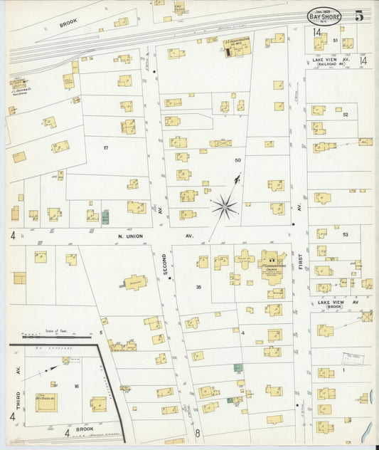 Sanborn Fire Insurance Map from Bay Shore, Suffolk County, New York (1909), Sheet #0005 - Historic Sanborn Fire Insurance Map Print, vintage old map wall art, antique decor, genealogy gift, New York New York map