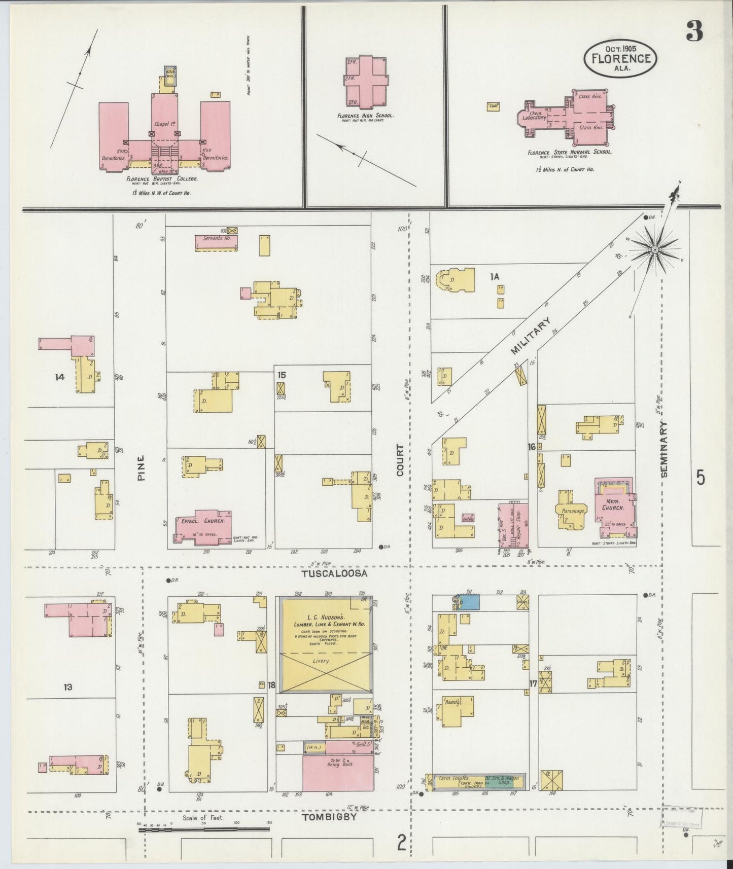 Sanborn Fire Insurance Map from Florence, Lauderdale County, Alabama (1905), Sheet #0003 - Historic Sanborn Fire Insurance Map Print, vintage old map wall art, antique decor, genealogy gift, Alabama Alabama map