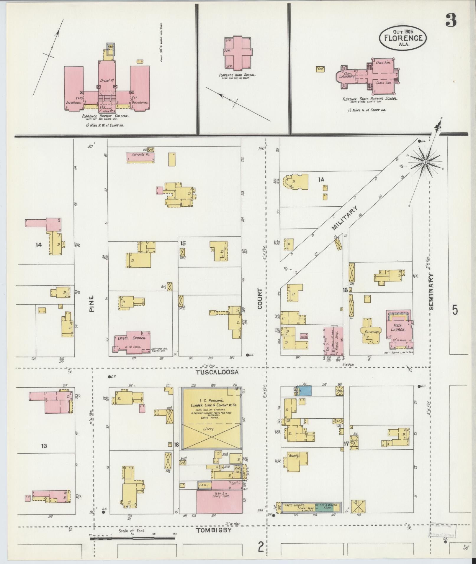 Sanborn Fire Insurance Map from Florence, Lauderdale County, Alabama (1905), Sheet #0003 - Historic Sanborn Fire Insurance Map Print, vintage old map wall art, antique decor, genealogy gift, Alabama Alabama map