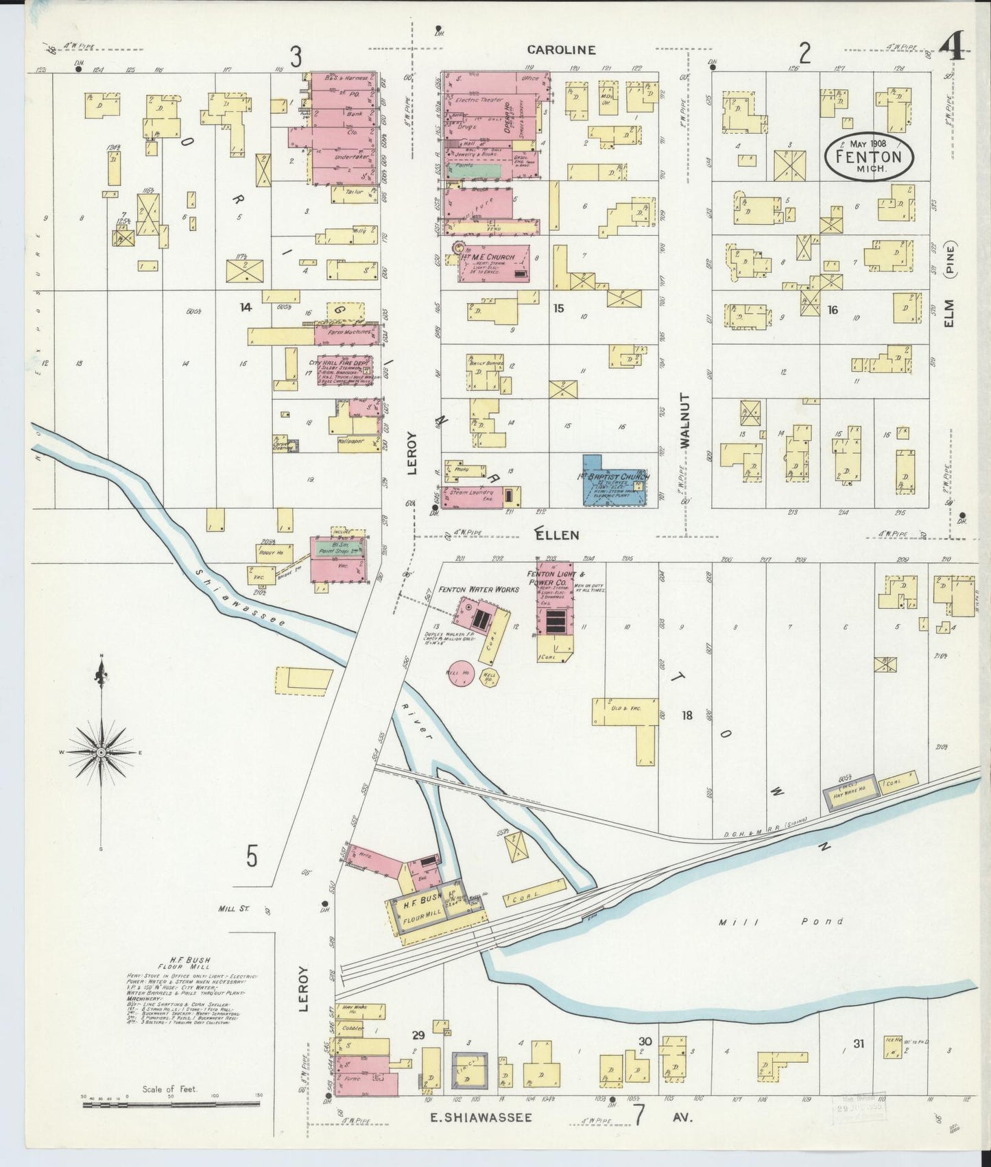 Sanborn Fire Insurance Map from Fenton, Genesee County, Michigan (1908), Sheet #0004 - Historic Sanborn Fire Insurance Map Print, vintage old map wall art, antique decor, genealogy gift, Michigan Michigan map