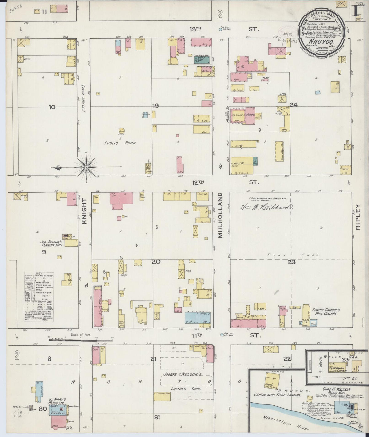 Sanborn Fire Insurance Map from Nauvoo, Hancock County, Illinois (1893), Sheet #0001 - Historic Sanborn Fire Insurance Map Print, vintage old map wall art, antique decor, genealogy gift, Illinois Illinois map