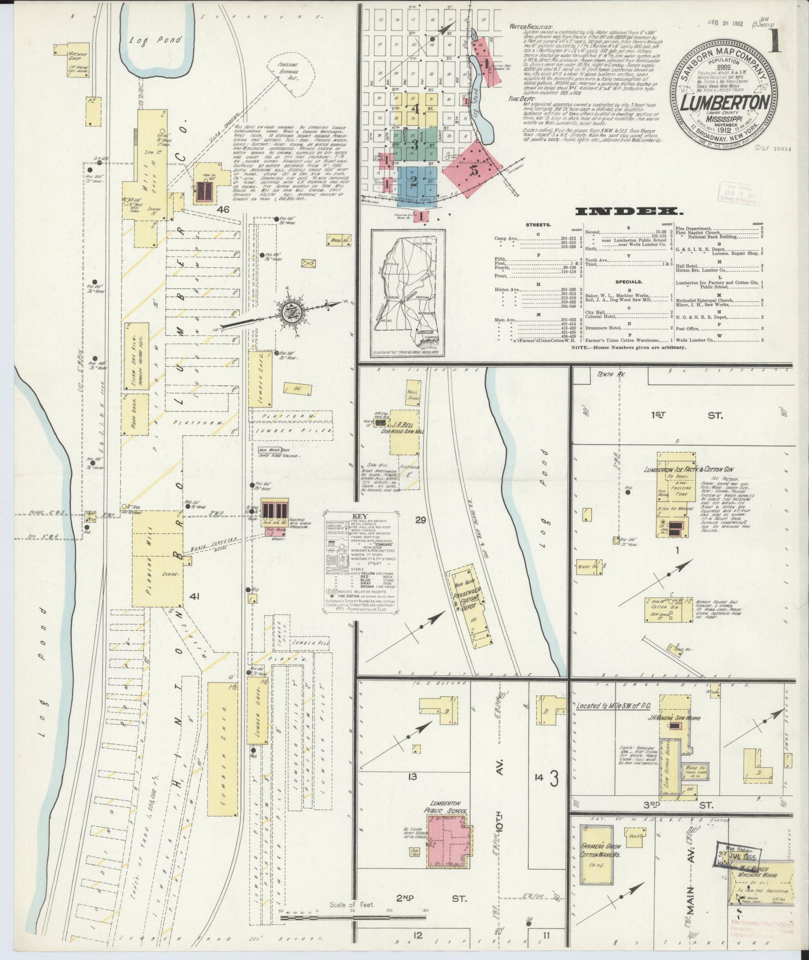 Sanborn Fire Insurance Map from Lumberton, Lamar County, Mississippi (1912), Sheet #0001 - Historic Sanborn Fire Insurance Map Print, vintage old map wall art, antique decor, genealogy gift, Mississippi Mississippi map