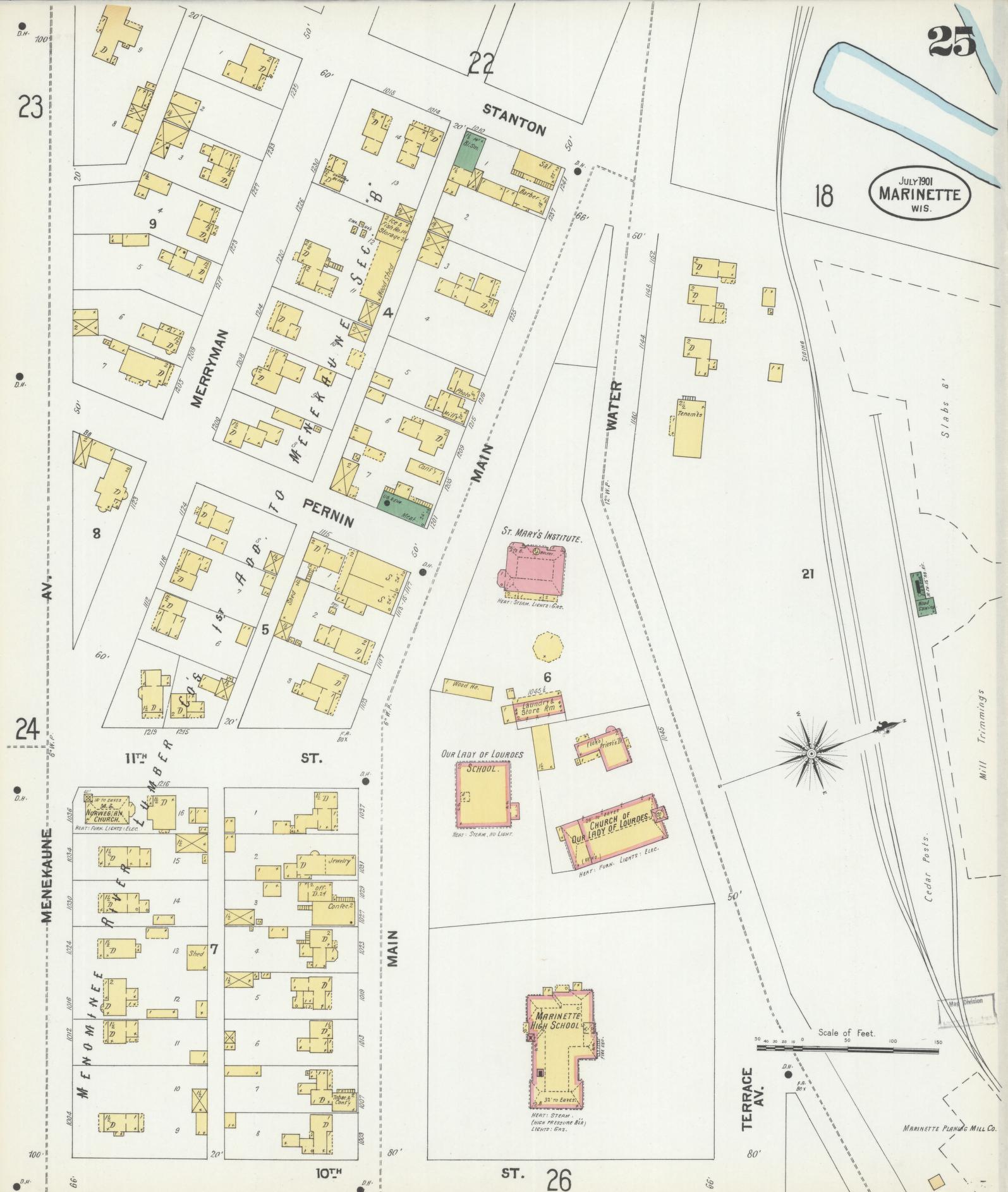 Sanborn Fire Insurance Map from Marinette, Marinette County, Wisconsin (1901), Sheet #0025 - Historic Sanborn Fire Insurance Map Print, vintage old map wall art, antique decor, genealogy gift, Wisconsin Wisconsin map