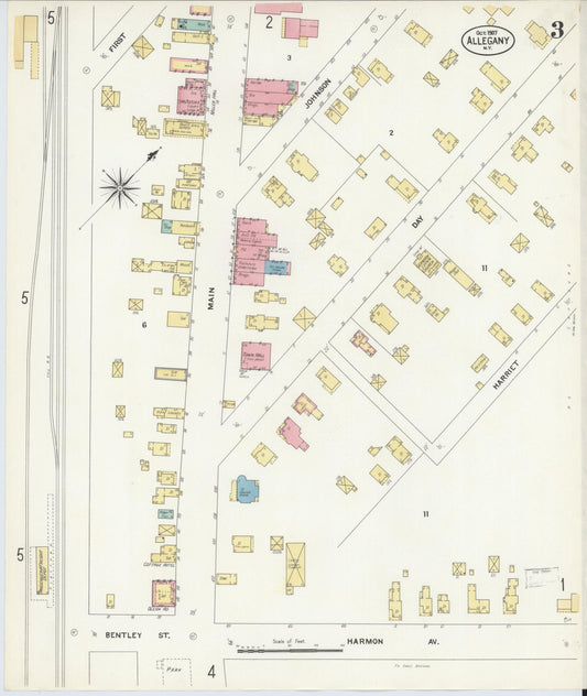Sanborn Fire Insurance Map from Allegany, Cattaraugus County, New York (1907), Sheet #0003 - Historic Sanborn Fire Insurance Map Print, vintage old map wall art, antique decor, genealogy gift, New York New York map