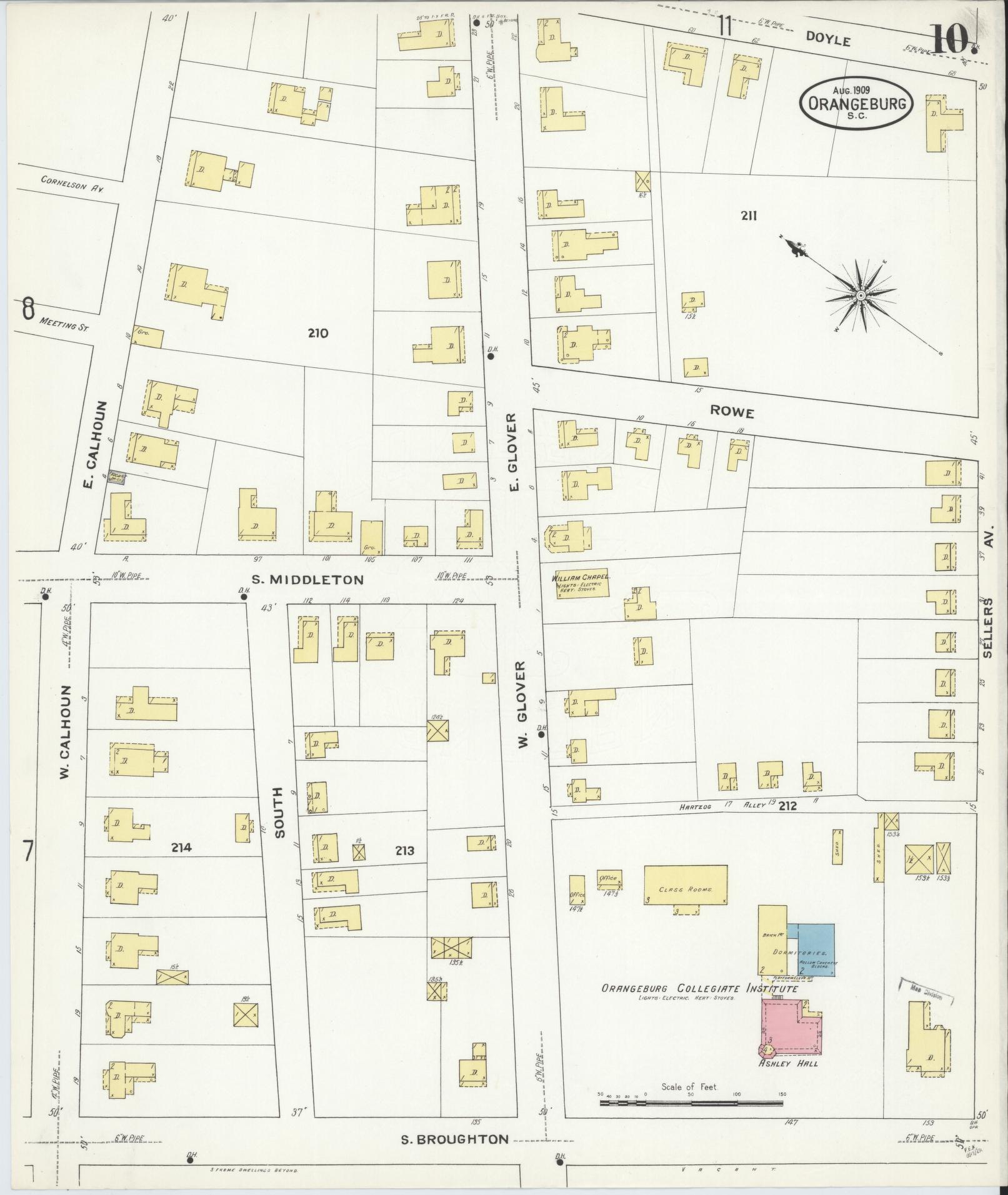 Sanborn Fire Insurance Map from Orangeburg, Orangeburg County, South Carolina (1909), Sheet #0010 - Complete Map Set gallery image, historic Sanborn map, vintage wall art, South Carolina South Carolina