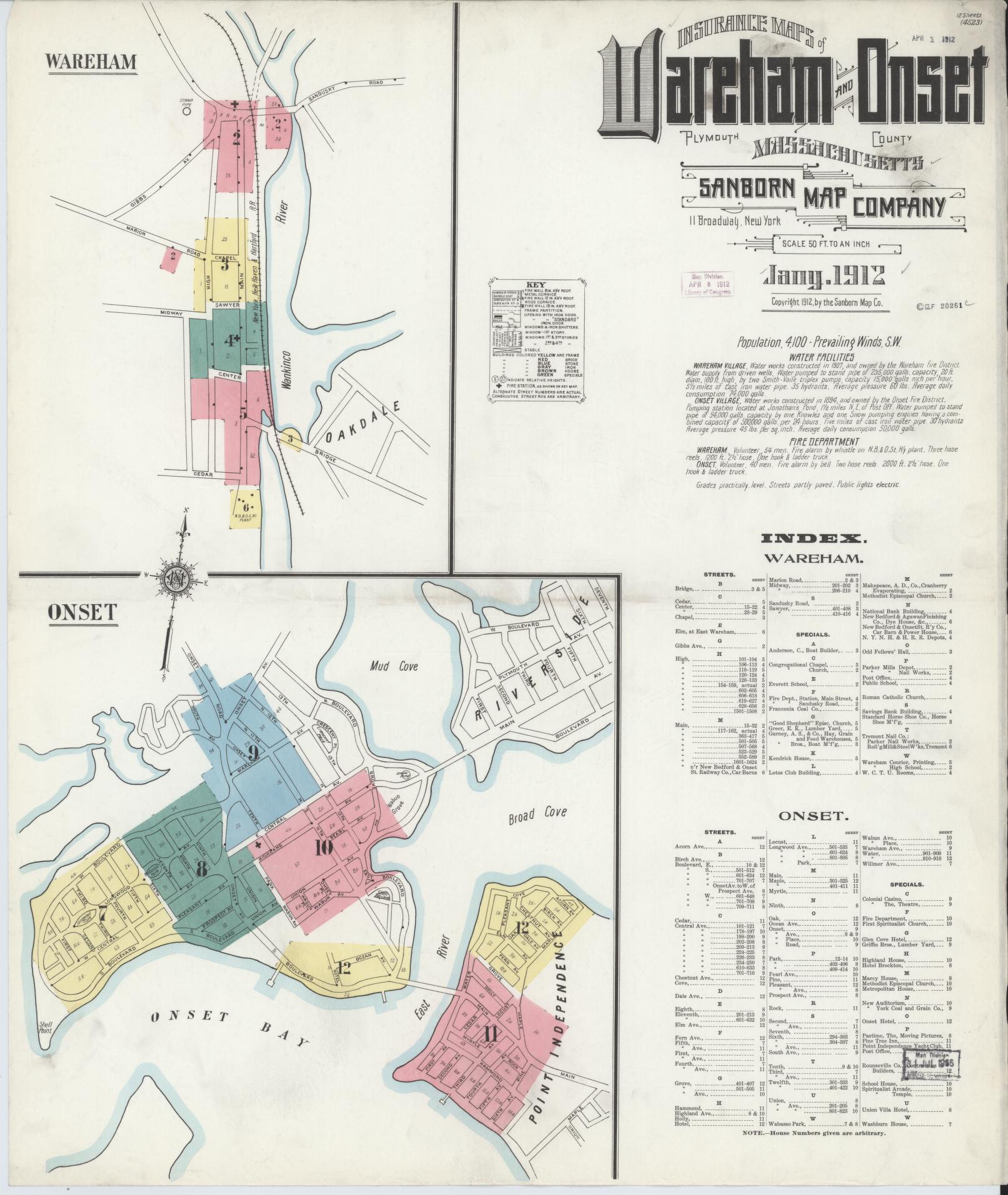 Sanborn Fire Insurance Map from Wareham, Plymouth County, Massachusetts (1912), Sheet #0001 - Historic Sanborn Fire Insurance Map Print, vintage old map wall art, antique decor, genealogy gift, Massachusetts Massachusetts map