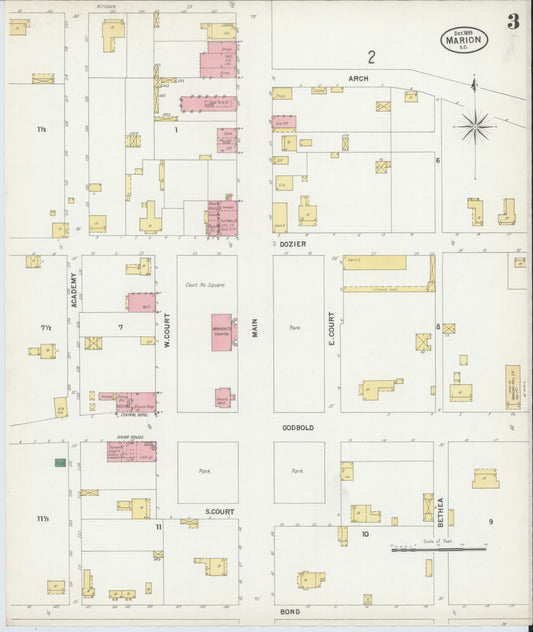 Sanborn Fire Insurance Map from Marion, Marion County, South Carolina (1899), Sheet #0003 - Historic Sanborn Fire Insurance Map Print, vintage old map wall art, antique decor, genealogy gift, South Carolina South Carolina map